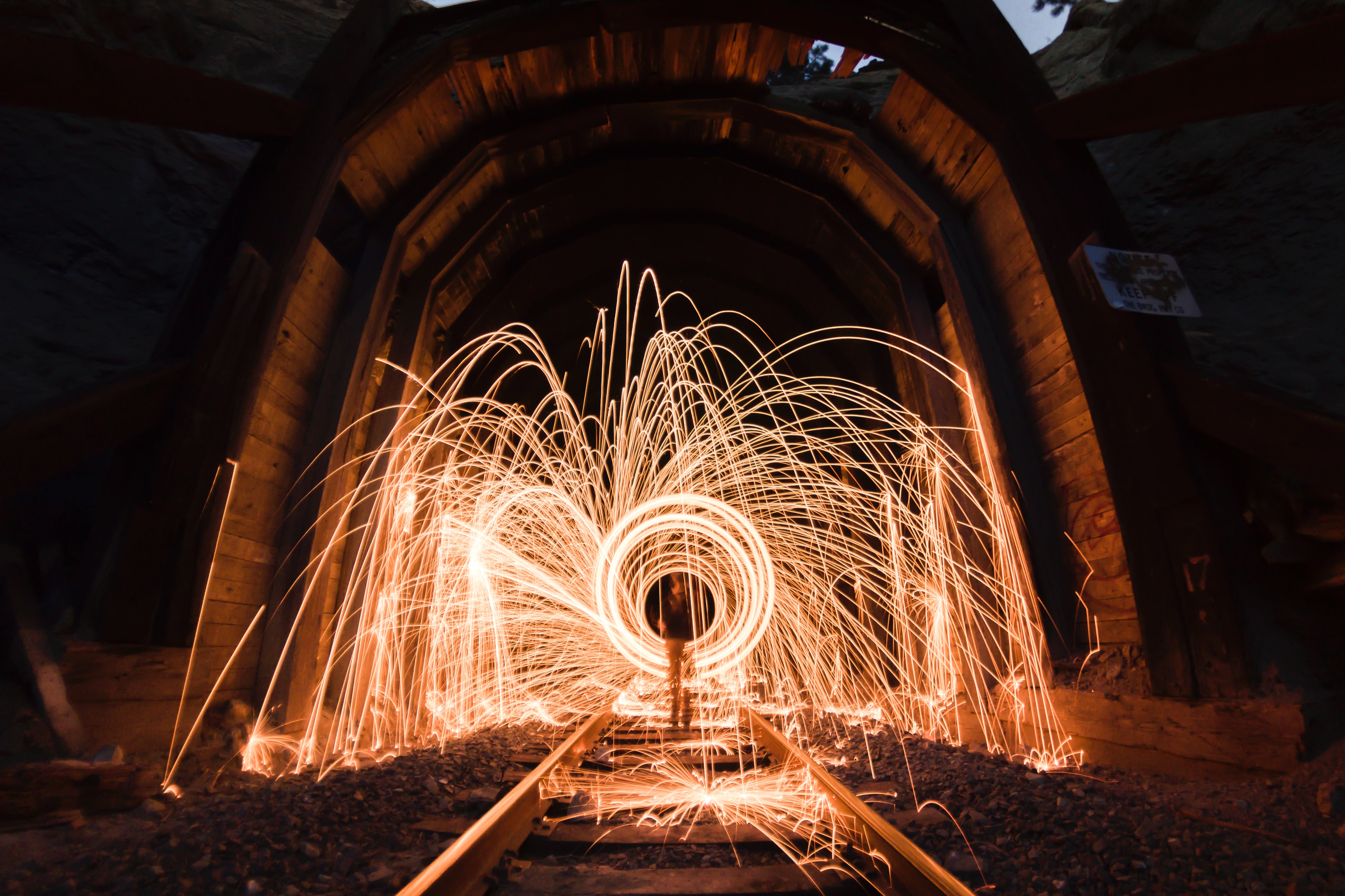 rails, shine, light, sparks, miscellanea, miscellaneous, long exposure, tunnel Free Stock Photo