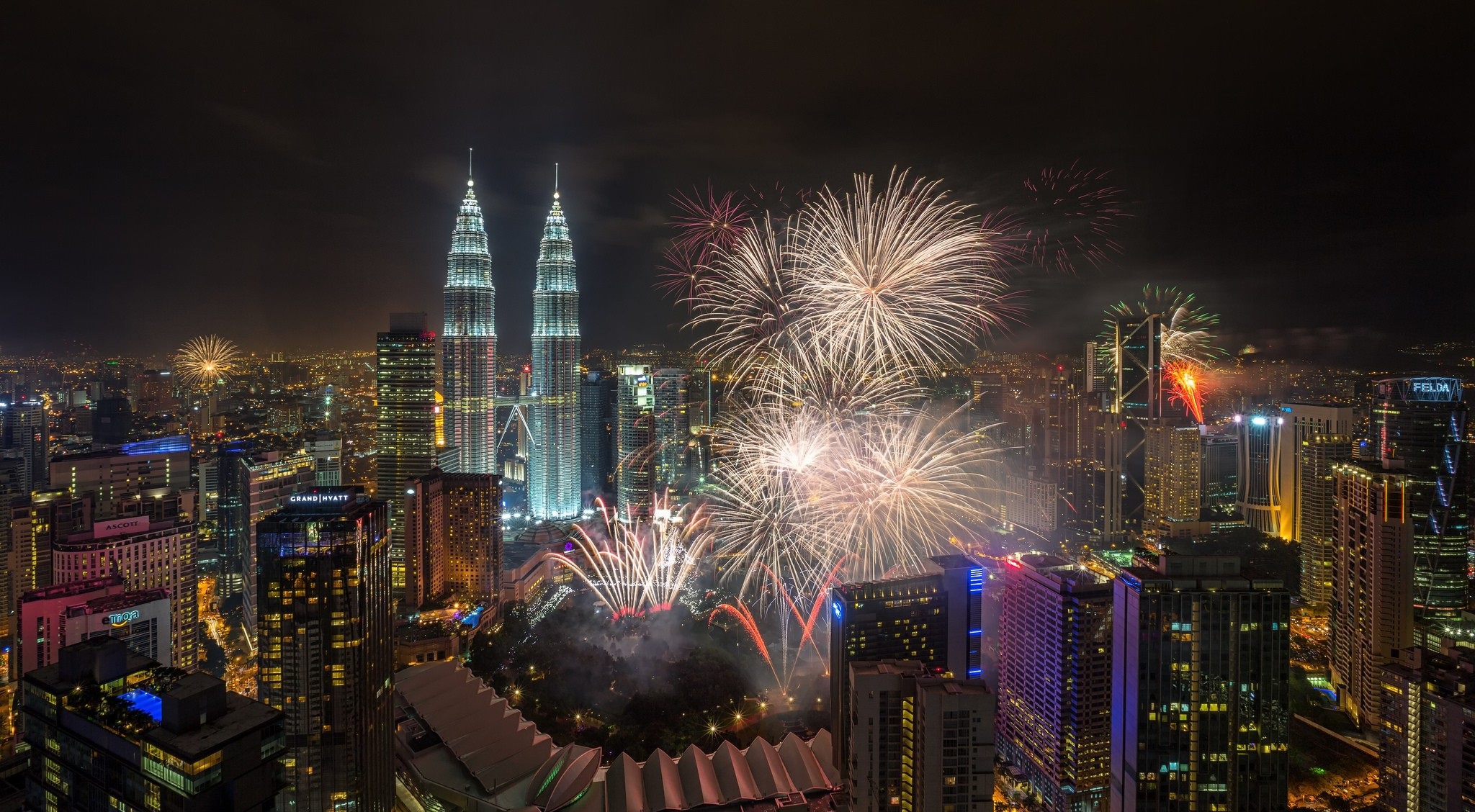 cities, firewood, kuala lumpur, night, malaysia, building, fireworks, man made, skyscraper, city Smartphone Background