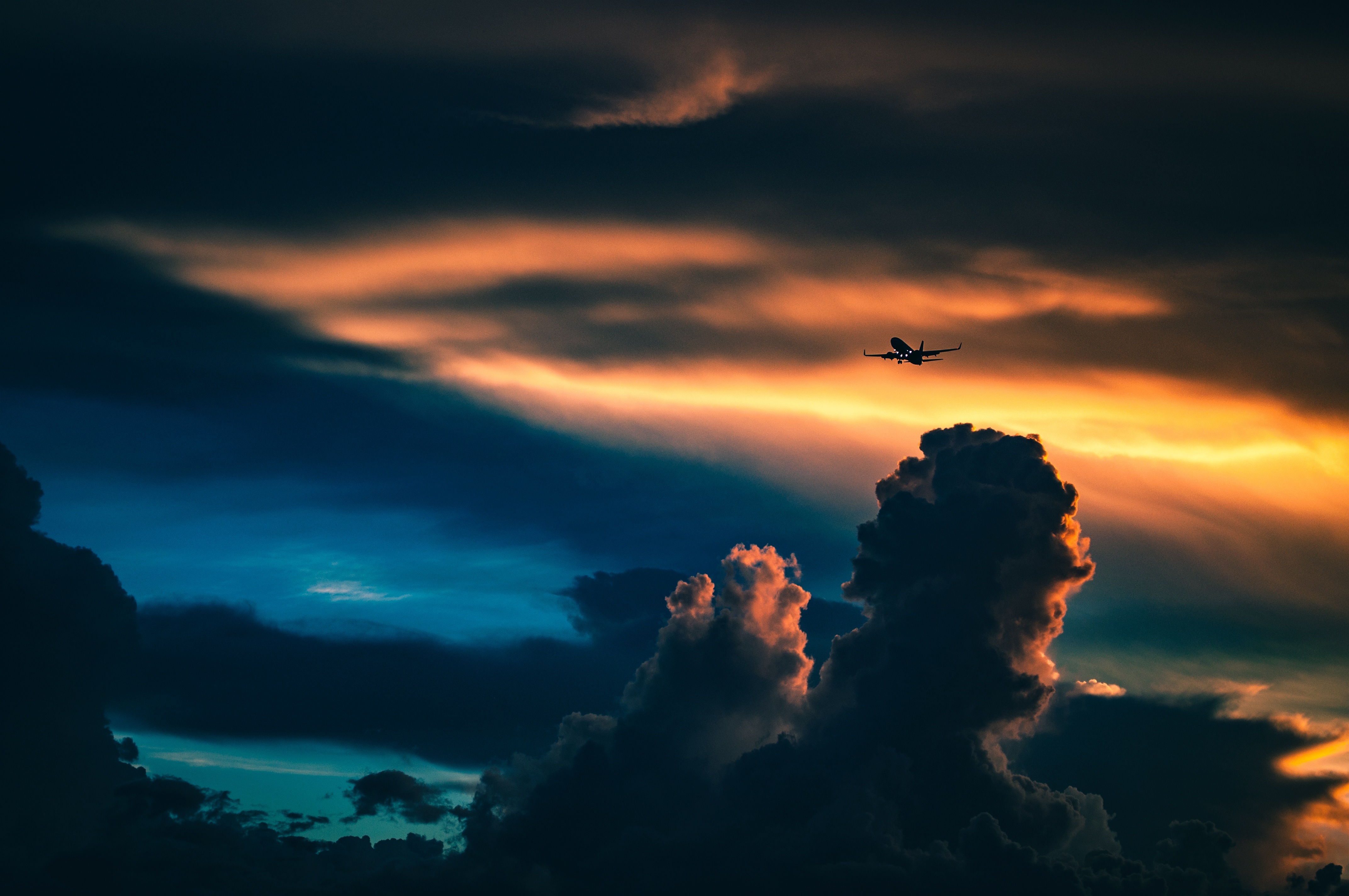 plane, airplane, clouds, sky, dark, sunset, night cell phone wallpapers
