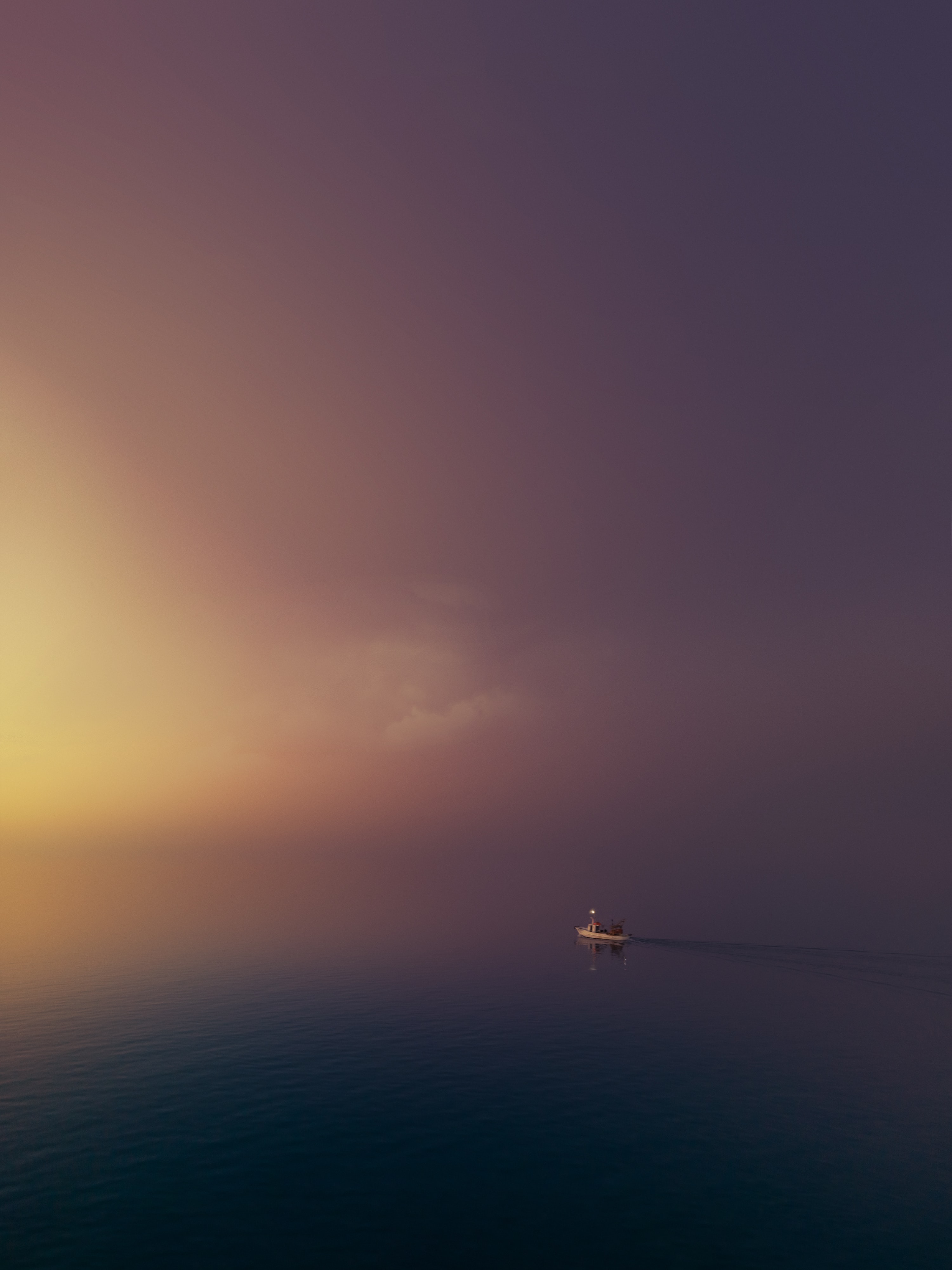 minimalism, sky, boat, sunset, water, fog