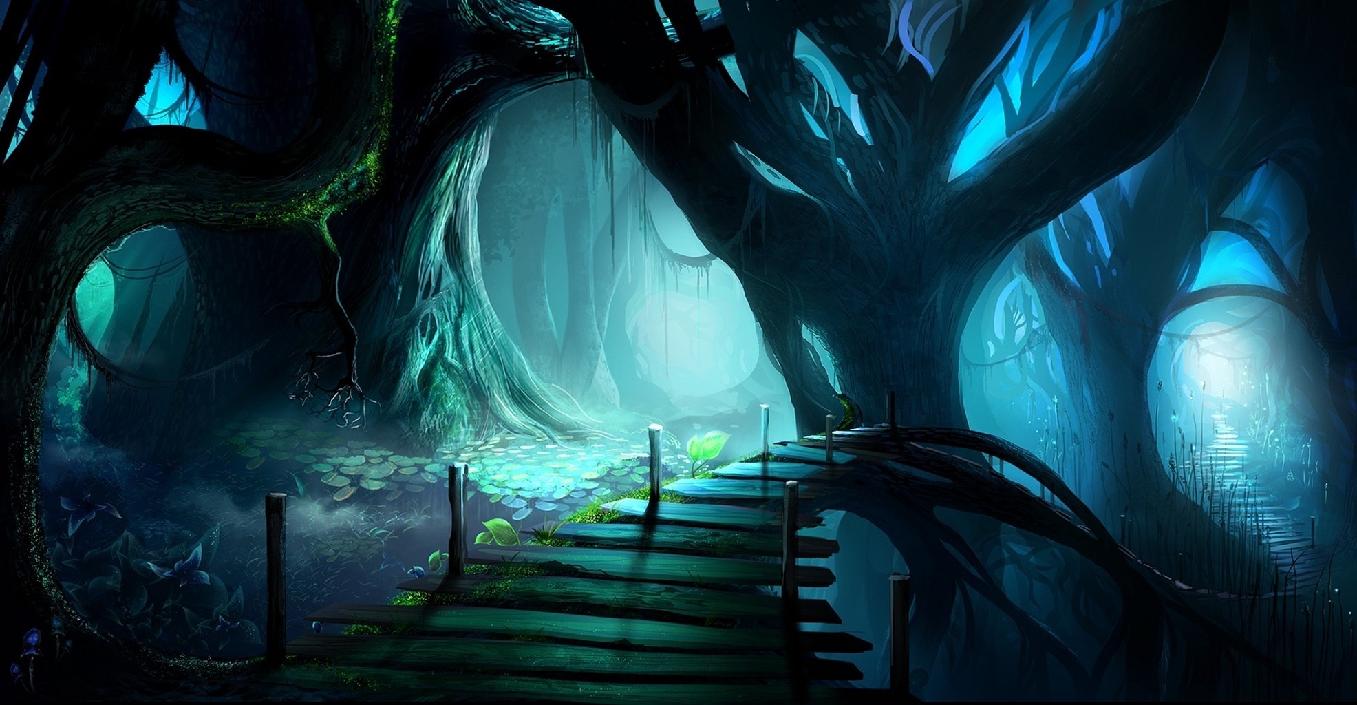 dark, forest, fantasy, bridge, spooky, tree HD wallpaper
