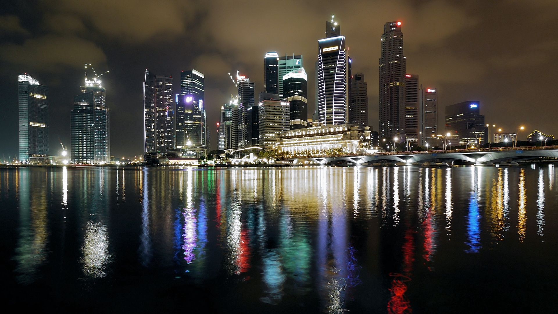 reflection, singapore, cities, colourful, colorful, building, night