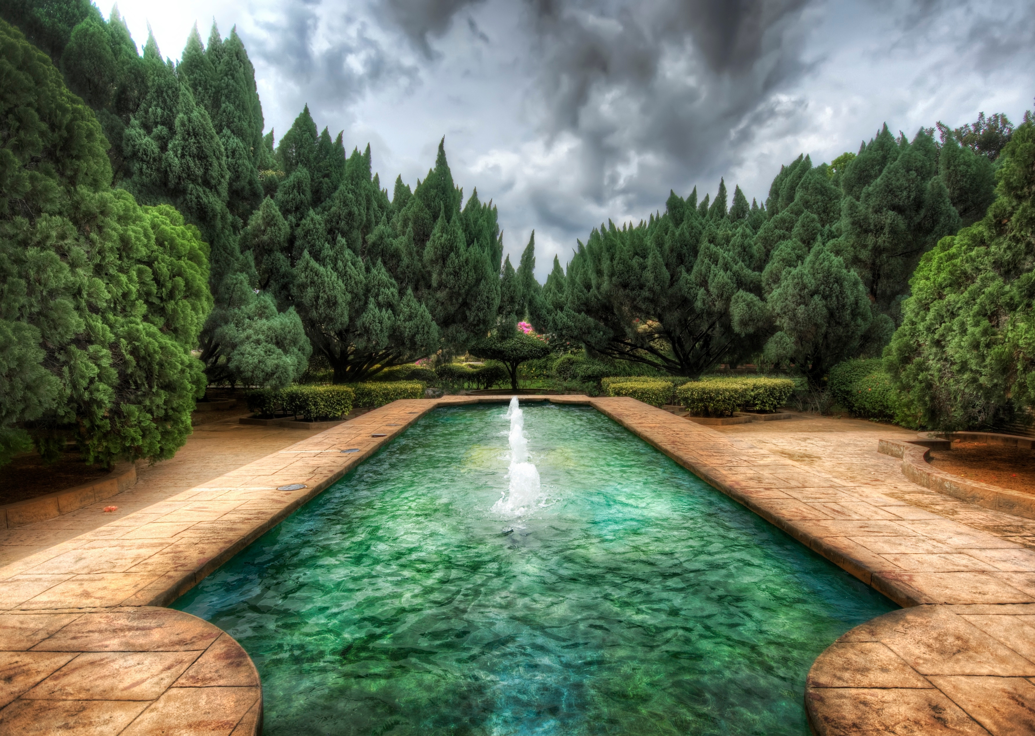 color, overcast, pool, forest, mainly cloudy, paints, fountain, nature, colors High Definition image