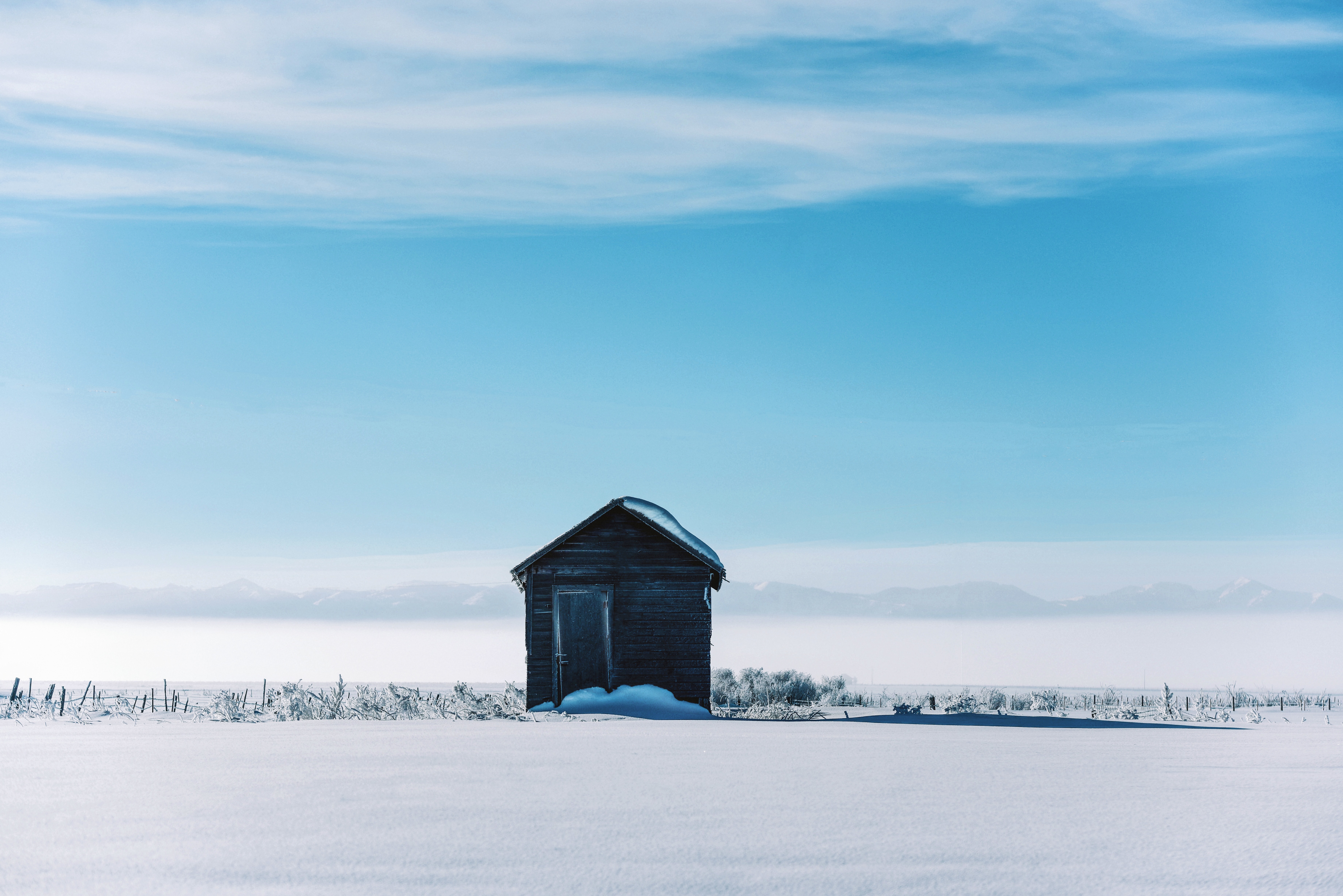 winter, snow, izba, landscape Panoramic Wallpapers