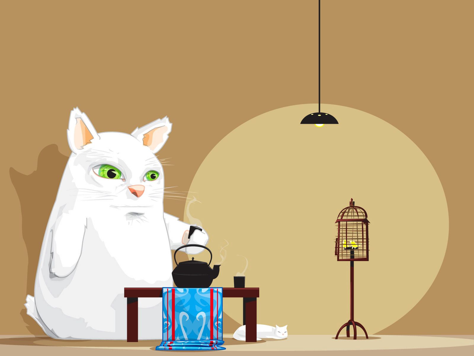 High Definition wallpaper table, kettle, cat, animal