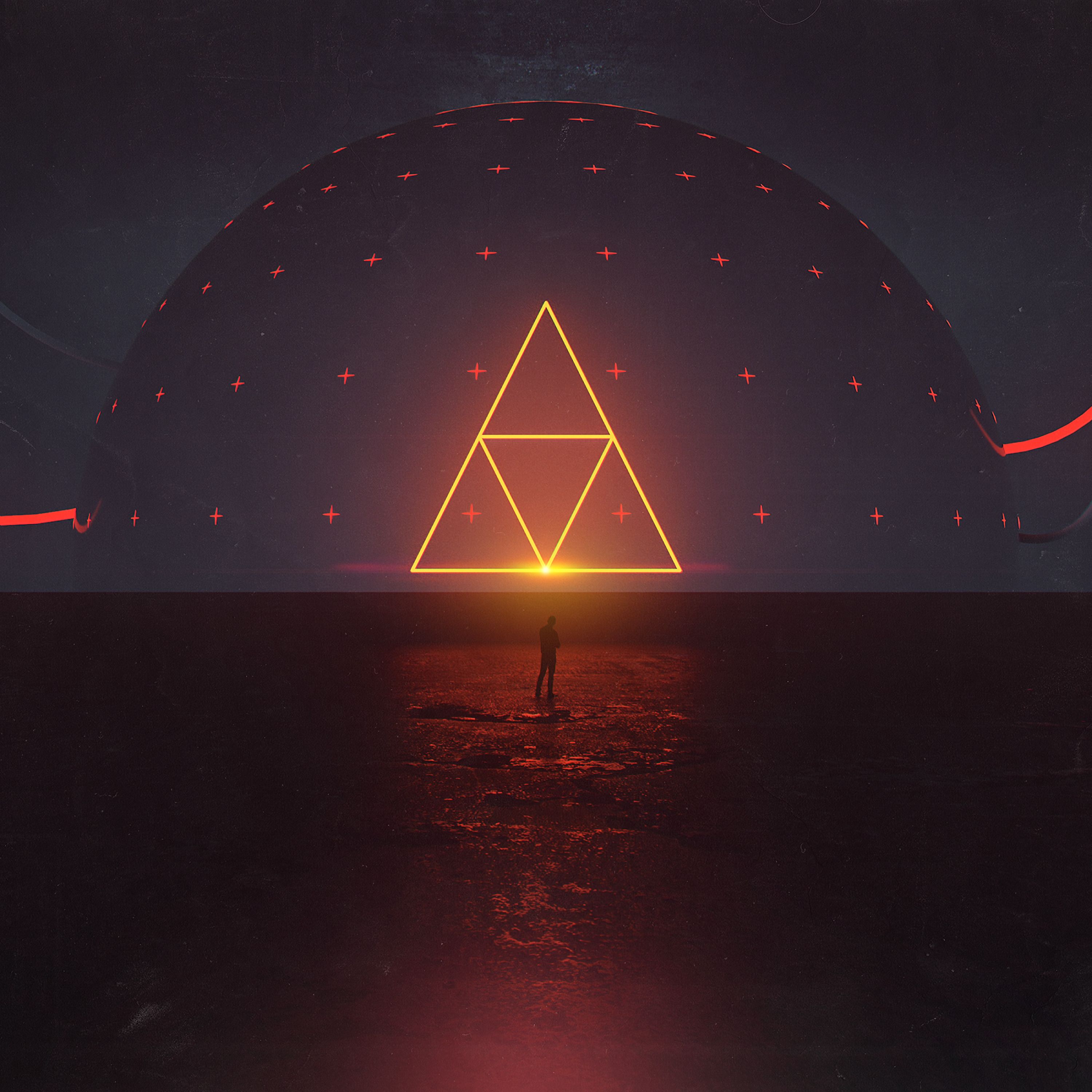 triangle, planet, art, silhouette, glow Full HD