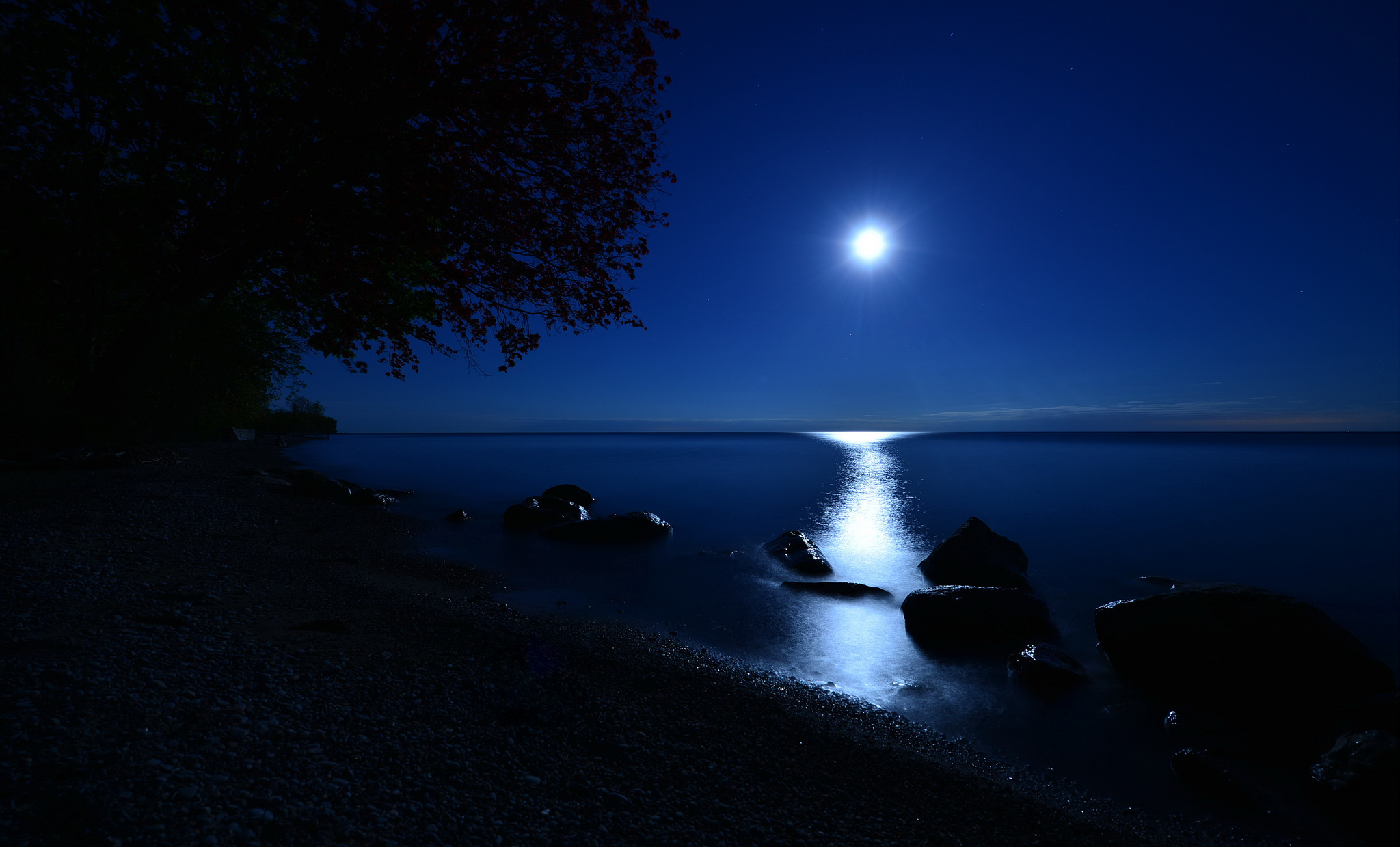 moonlight, night, moon, earth, bay, blue, horizon