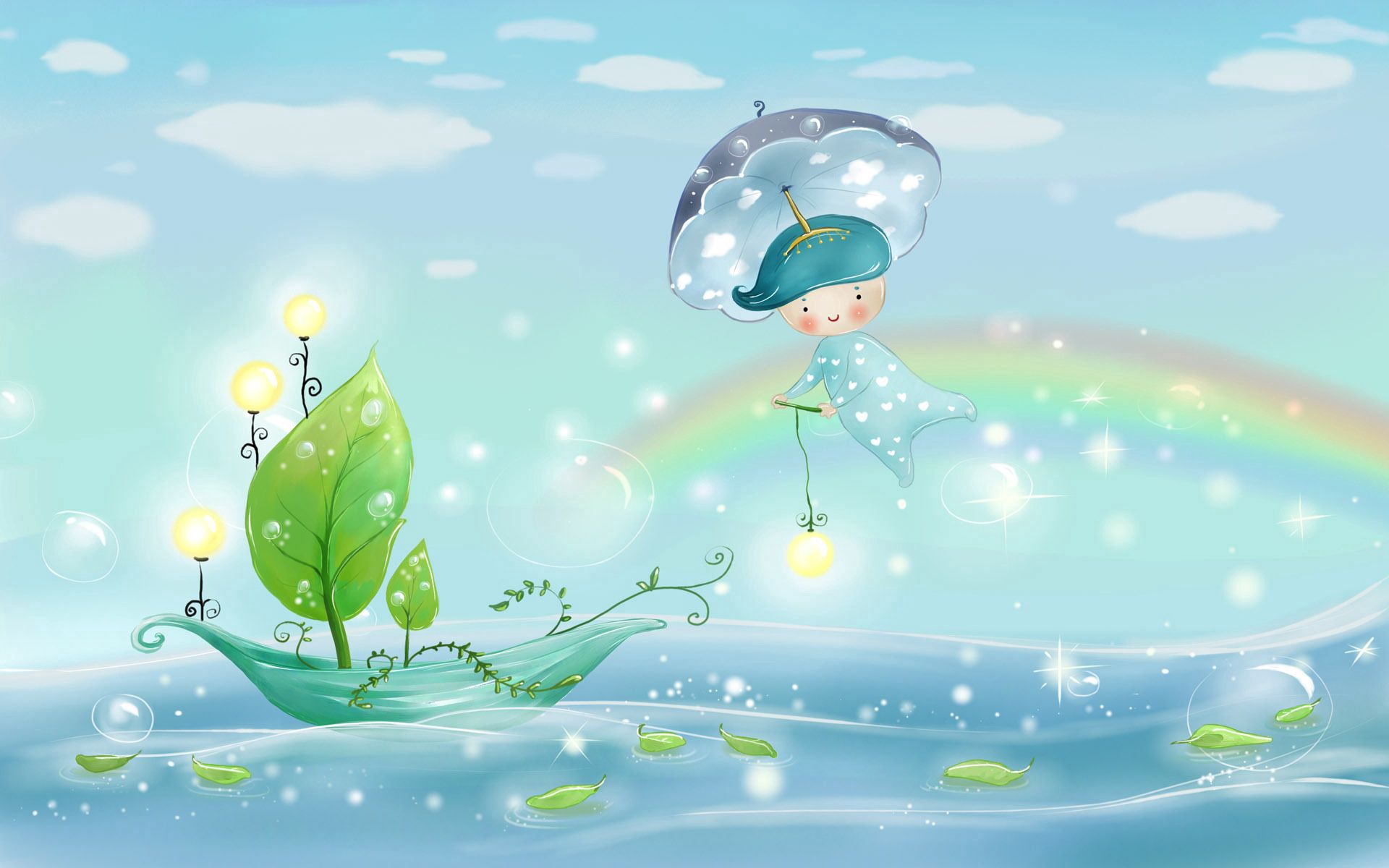 bubbles, drawing, vector, rain, picture, boat, lanterns, nature, water, sky, leaves, sea, clouds, rainbow, lights, shine, light, sail, umbrella, boy, weather Free Stock Photo