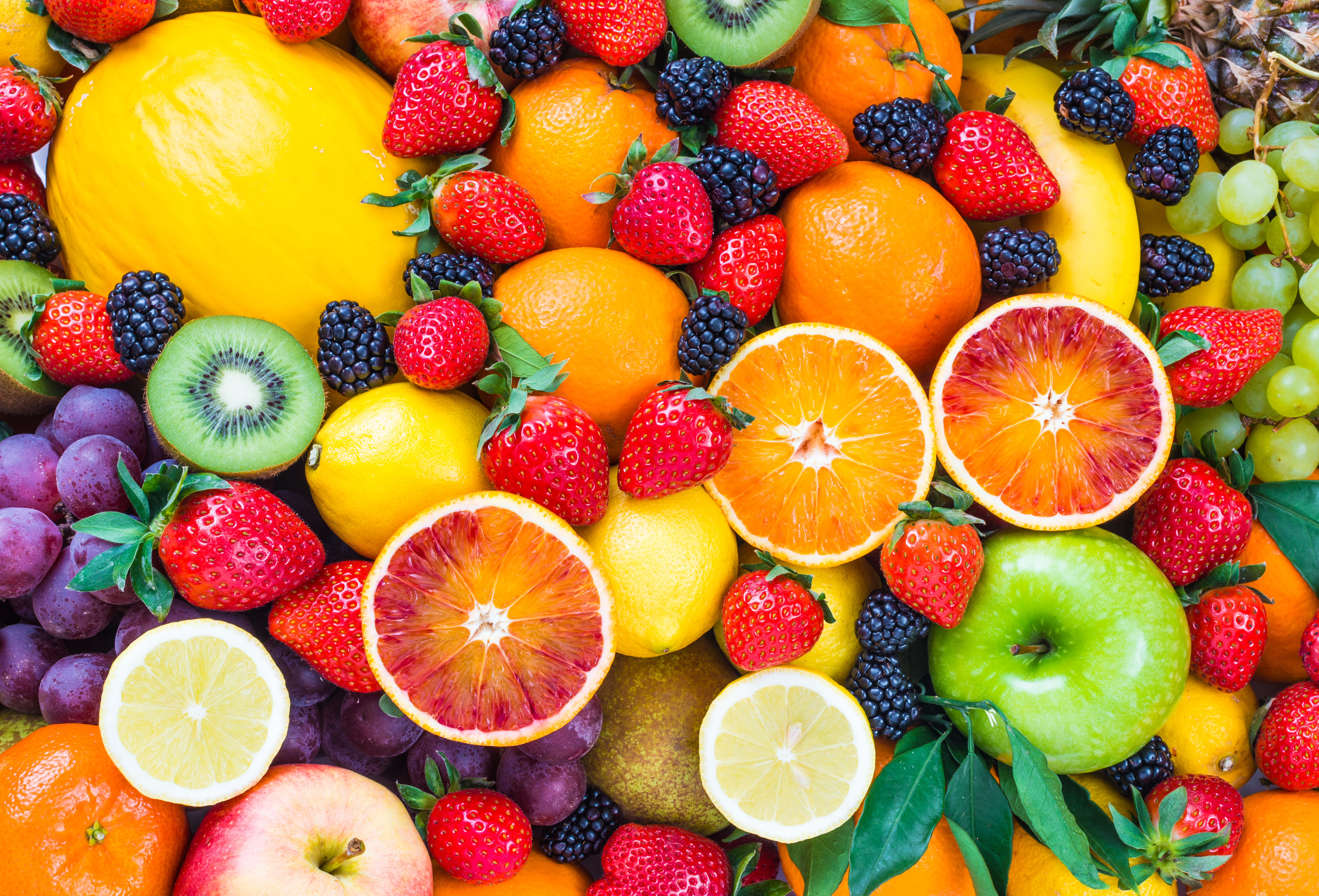 berry, fruits, apple, blackberry, grapes, orange (fruit), food, fruit, kiwi, strawberry HD wallpaper