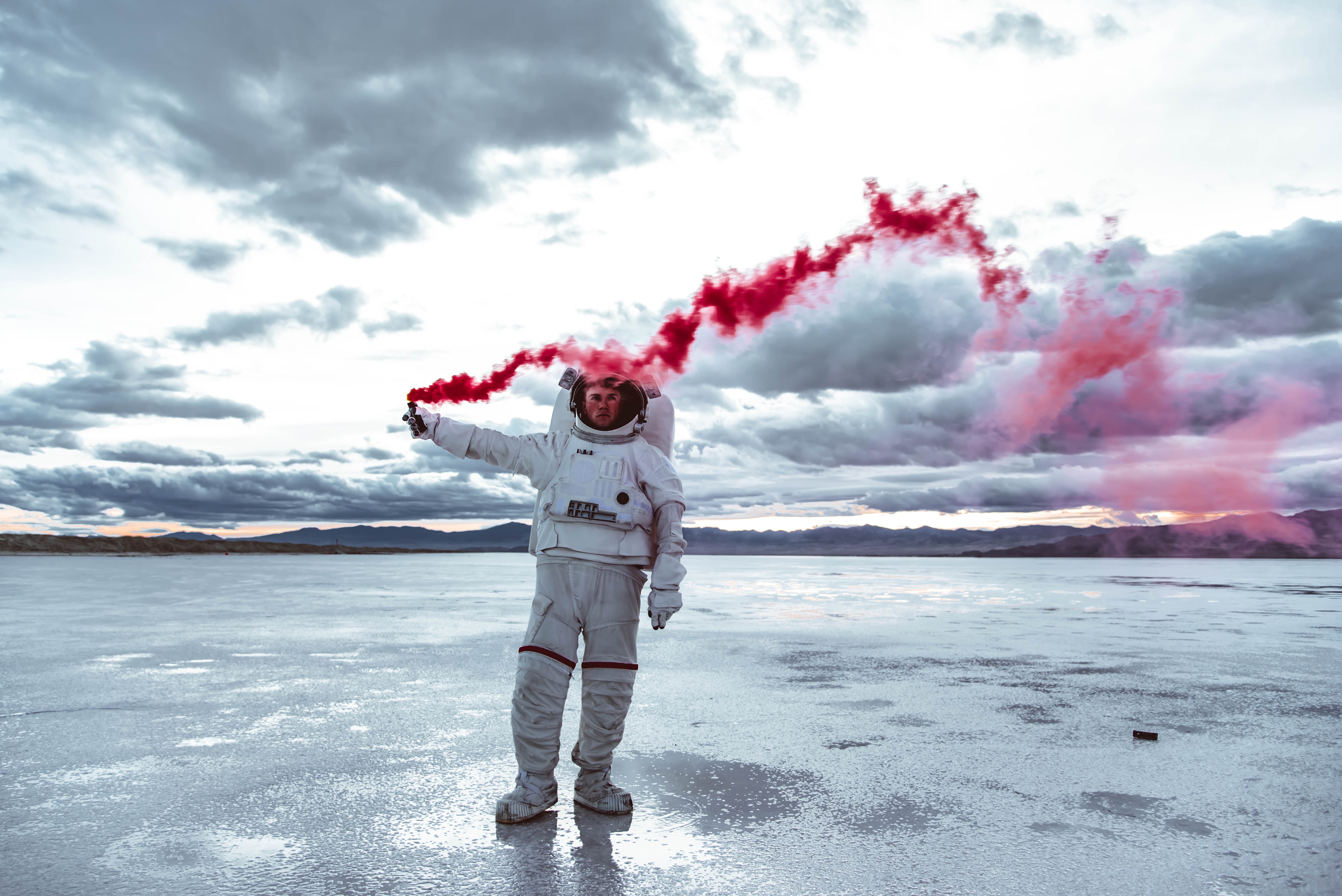 53668 Screensavers and Wallpapers Space Suit for phone. Download sky, miscellanea, miscellaneous, colored smoke, coloured smoke, cosmonaut, spacesuit, space suit pictures for free