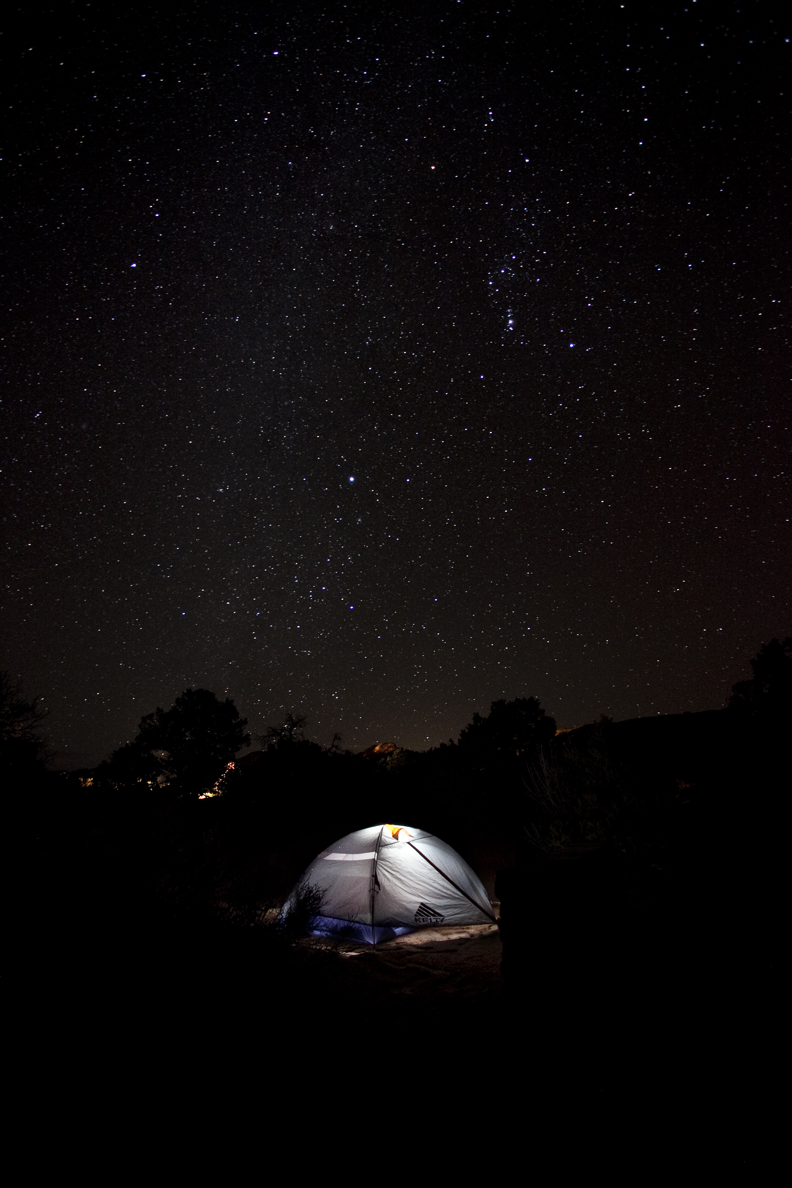 desktop and mobile campsite, night, tent, nature