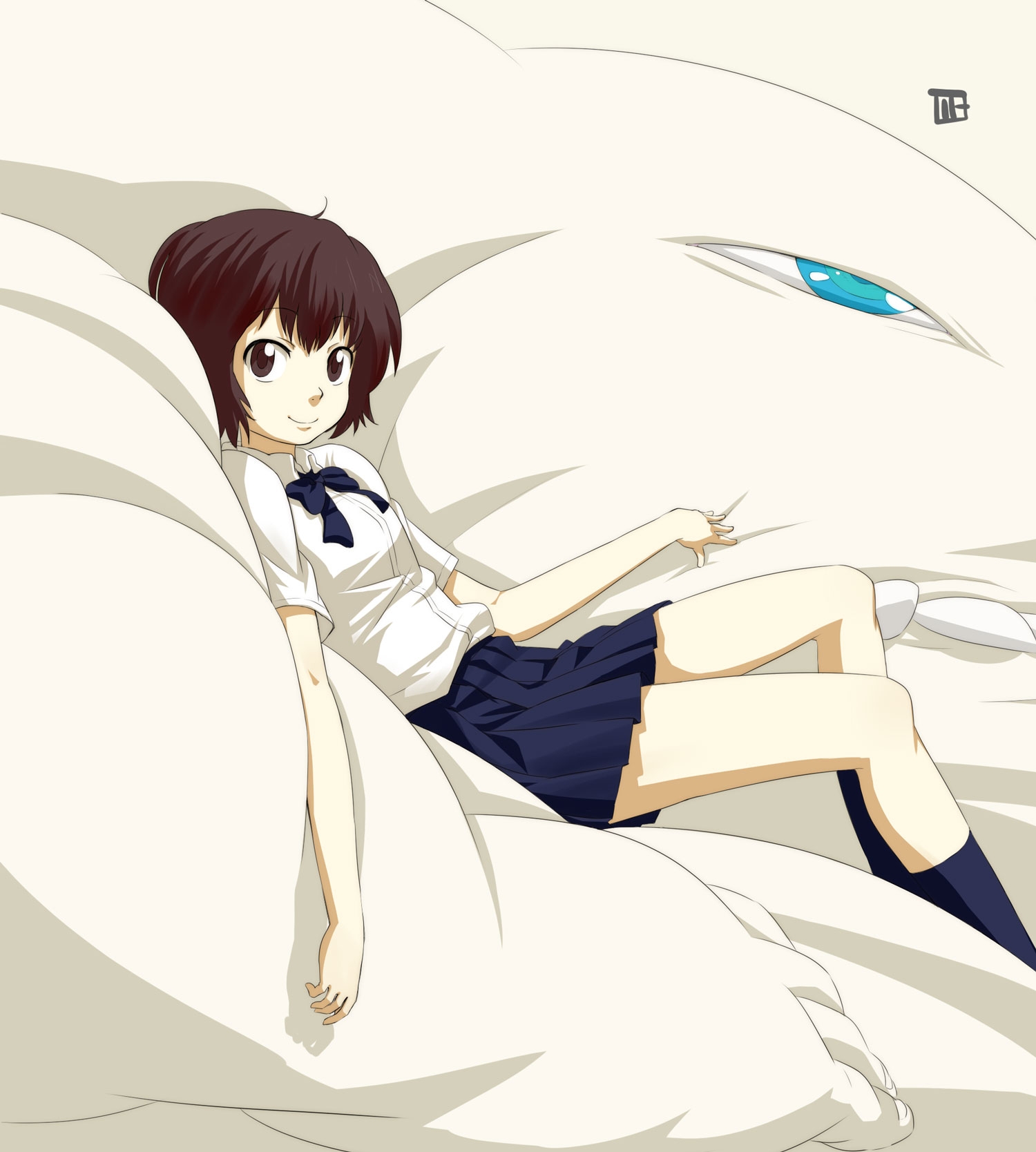 Laden Sie das Anime, Mädchen, Lächeln, Das Mädchen, Bett, Ziemlich, Brünette-Bild kostenlos auf Ihren PC-Desktop herunter
