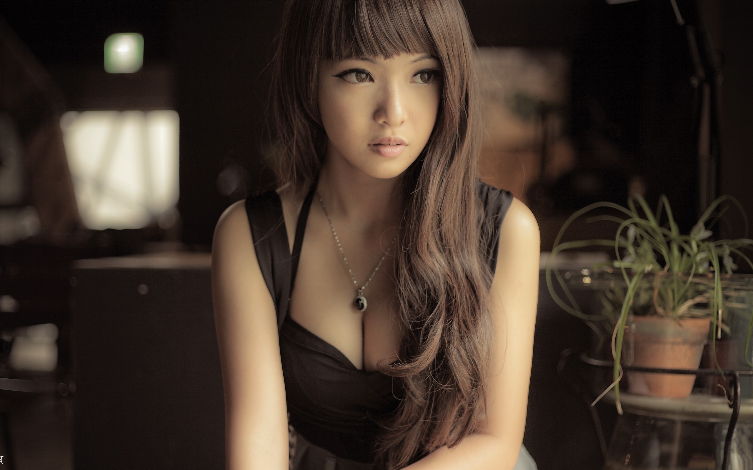 asian, women, brown eyes, brown hair, long hair, necklace HD wallpaper
