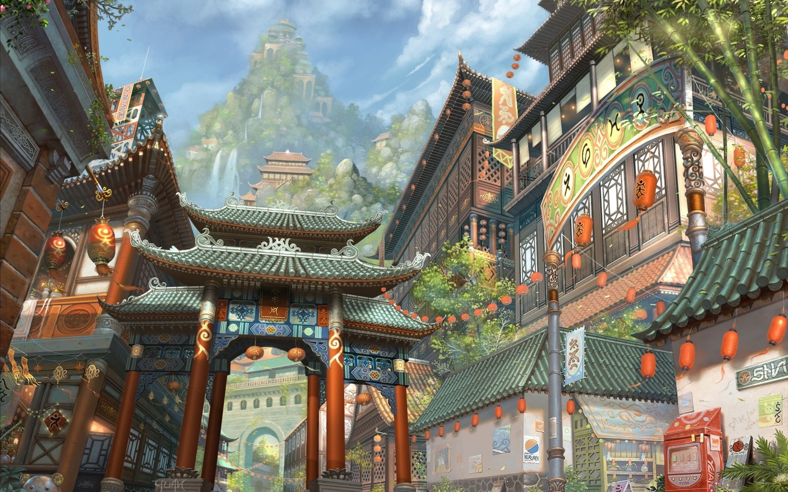 Mobile wallpaper asia, art, city, lights, waterfalls, building, mountain, miscellanea, miscellaneous, lanterns, bamboo