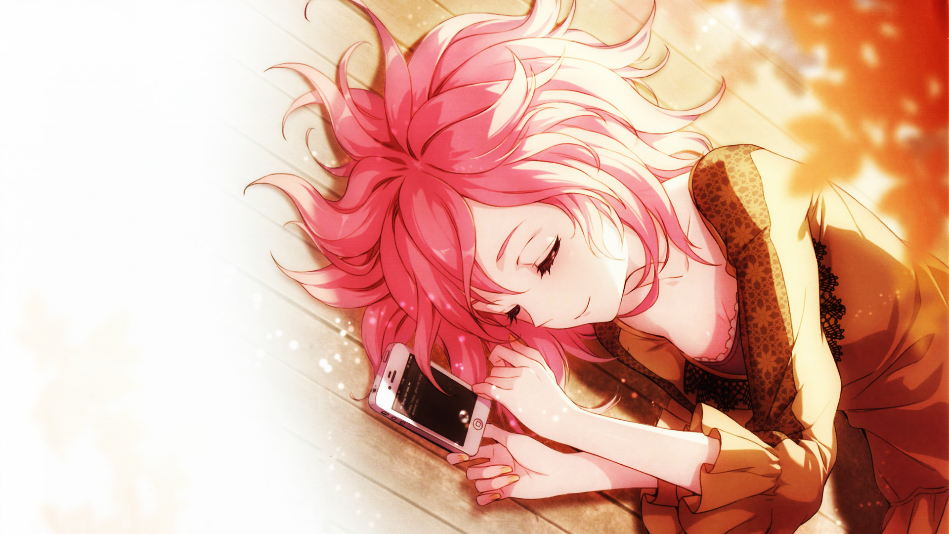 girl, short hair, anime, sleeping, phone, pink hair HD wallpaper