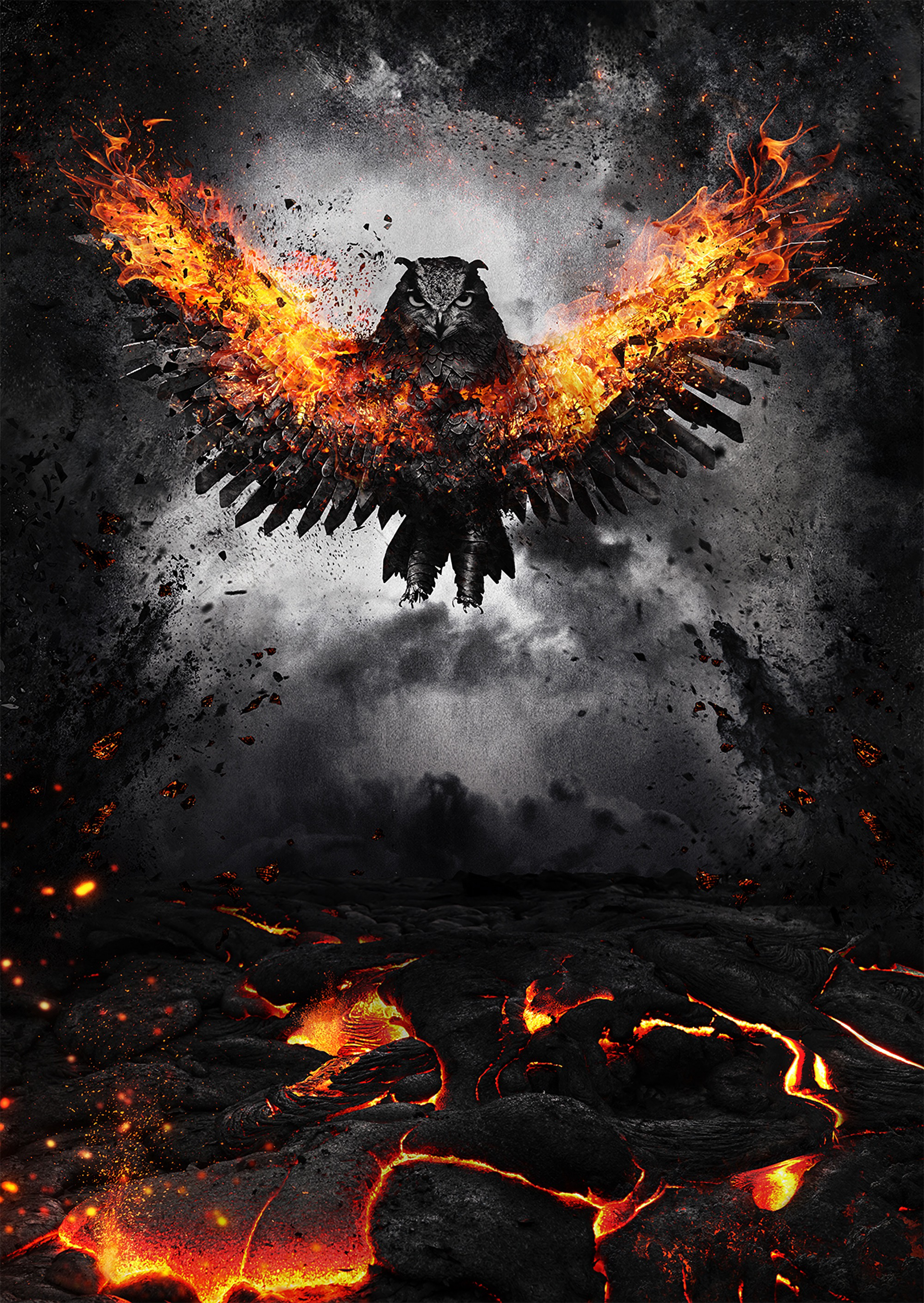 fire, art, owl, bird, wings, wave, sweep cell phone wallpapers