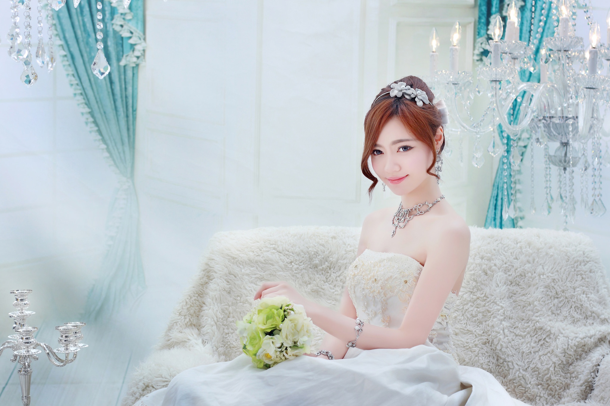 necklace, white dress, wedding dress, chandelier, bride, women, asian, redhead