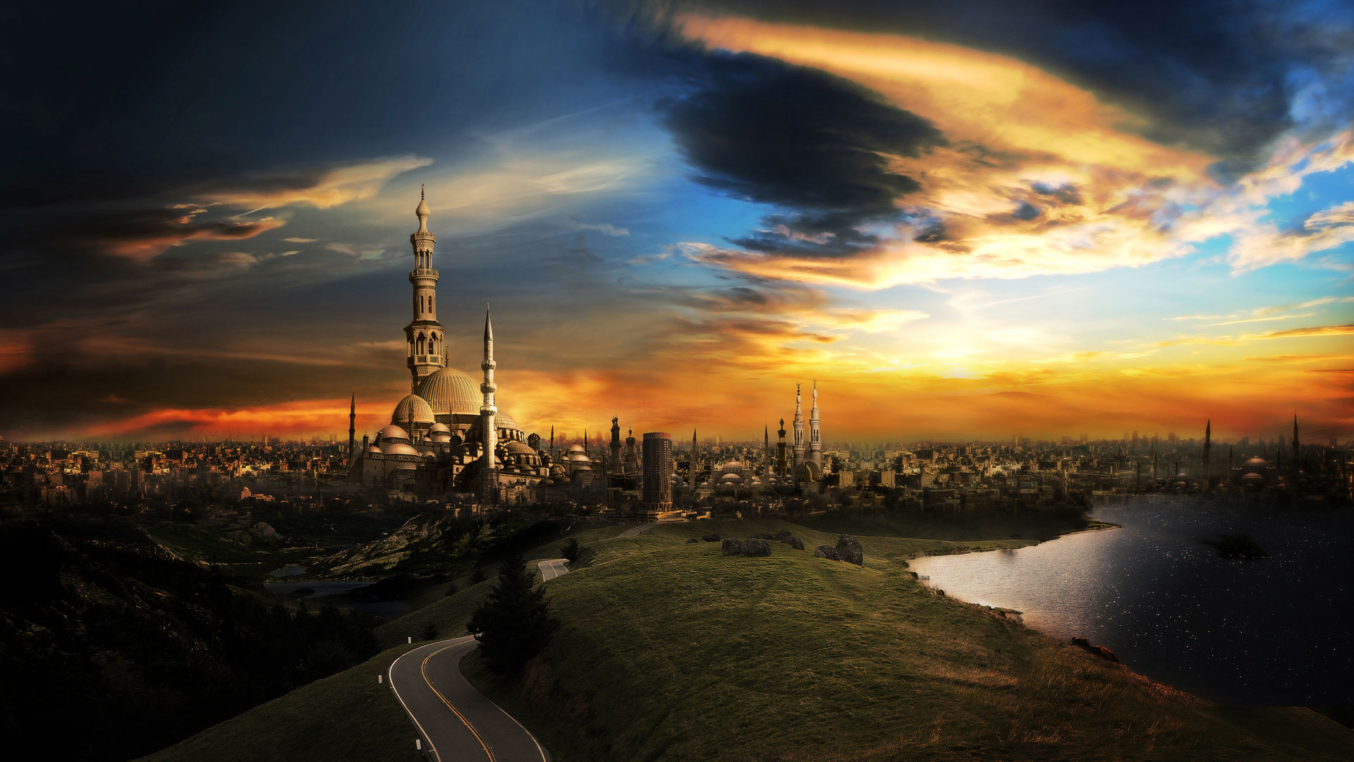 islam, road, landscape, lake, cgi, city, man made, cairo, sky, cloud, sunset