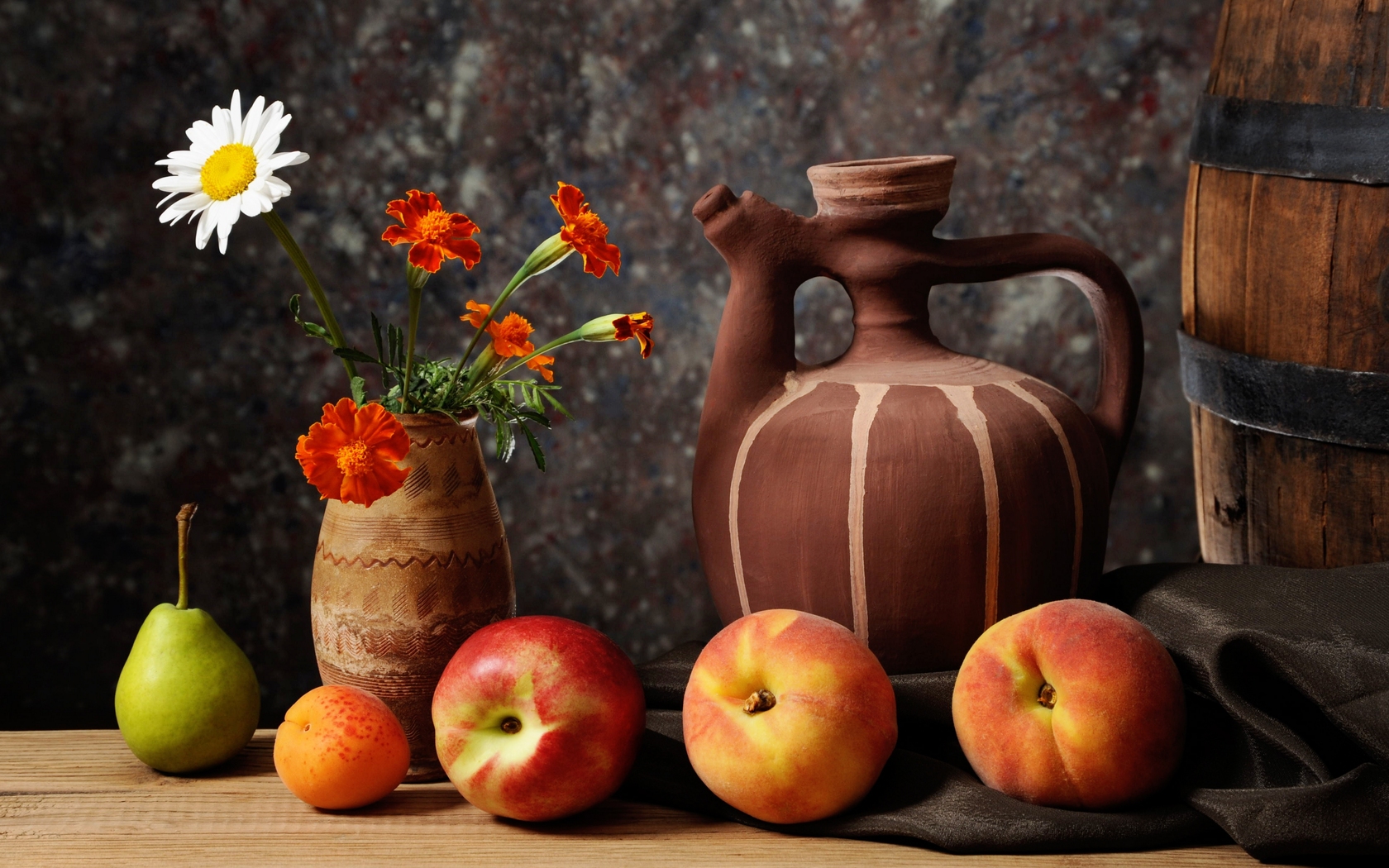 vase, chamomile, nectarine, peach, fruit, pear, marigold, pitcher, still life, apricot, photography Aesthetic wallpaper