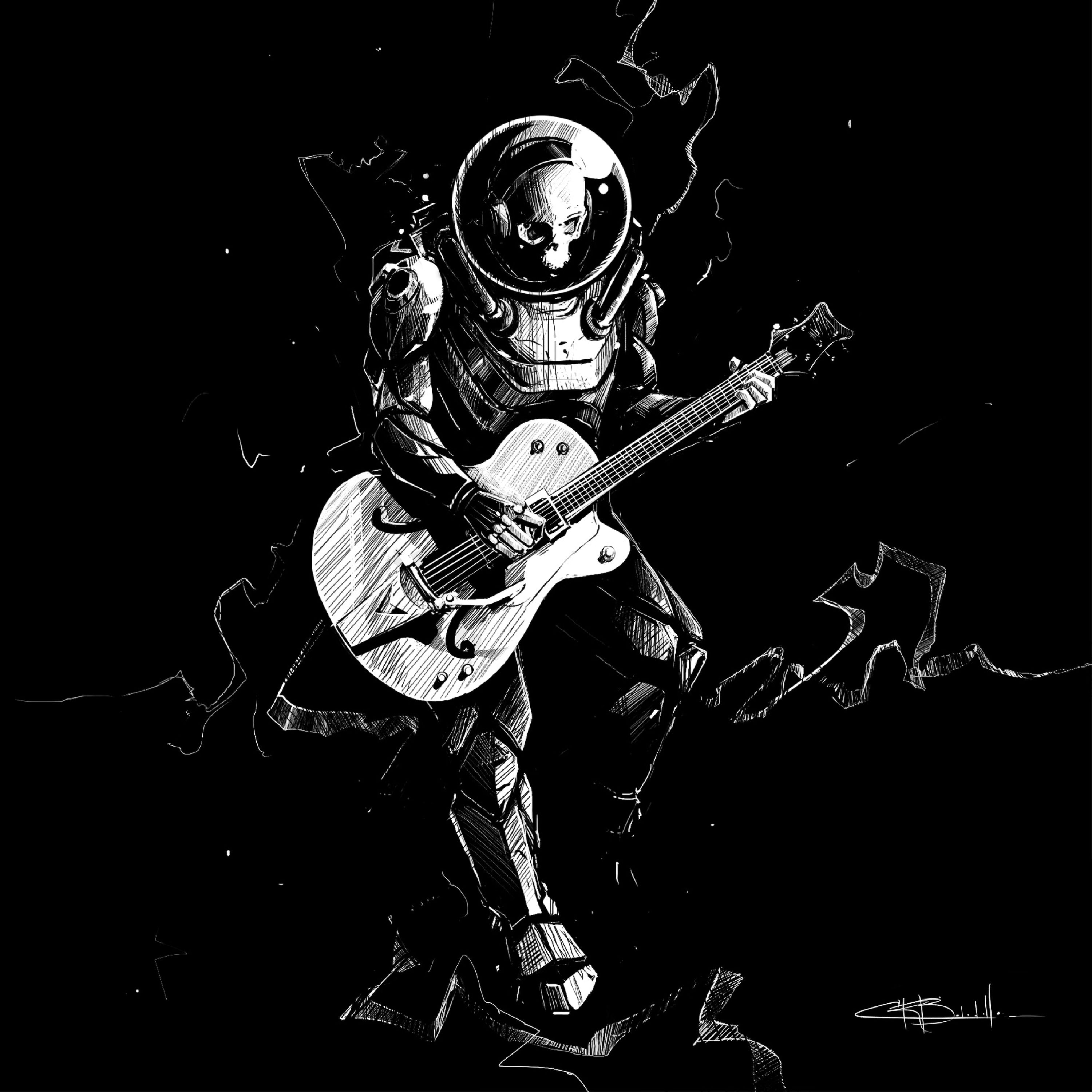 guitar player, skeleton, guitar, art, bw, chb, guitarist, spacesuit, space suit