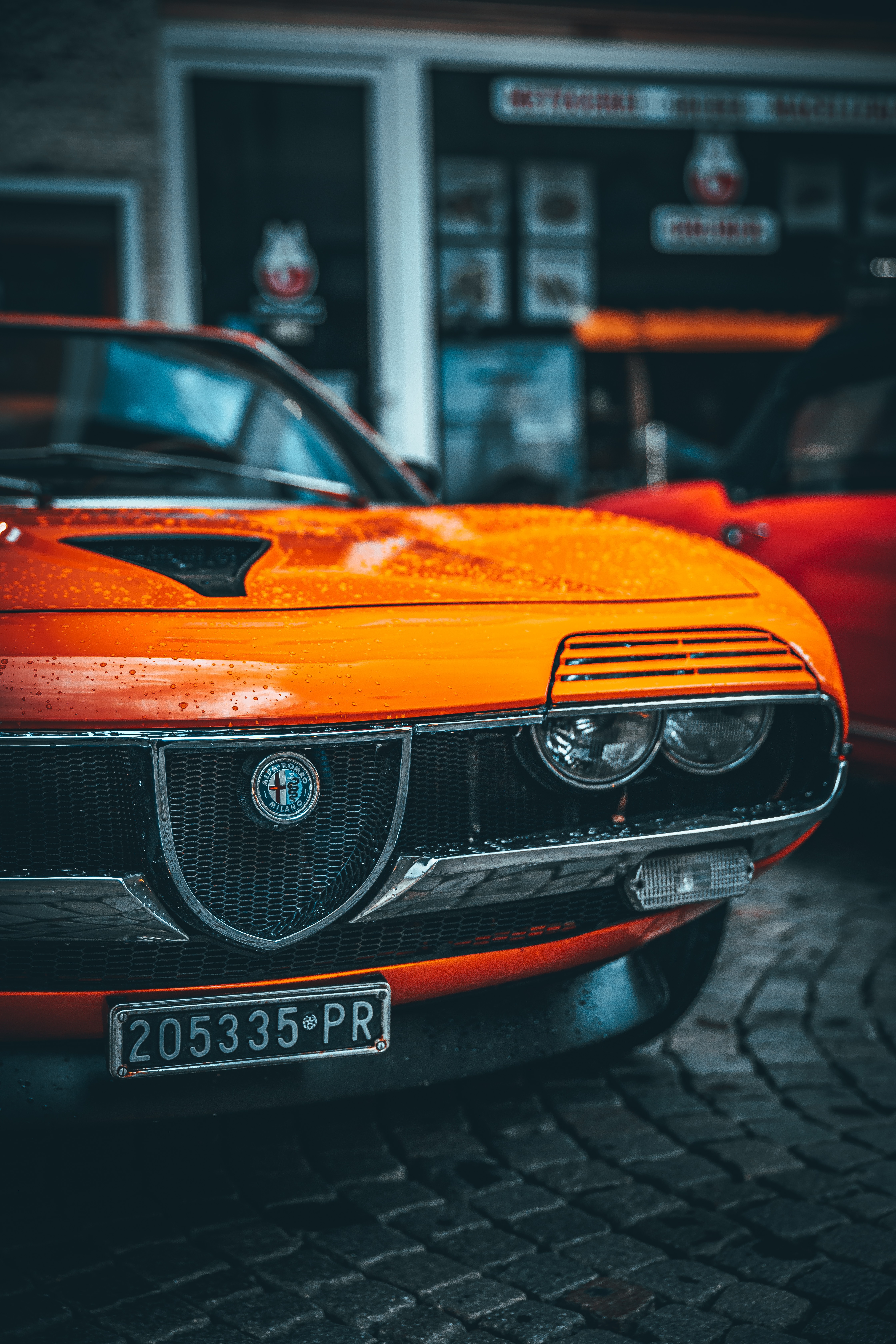 car, cars, orange, front view Wet HD Android Wallpapers
