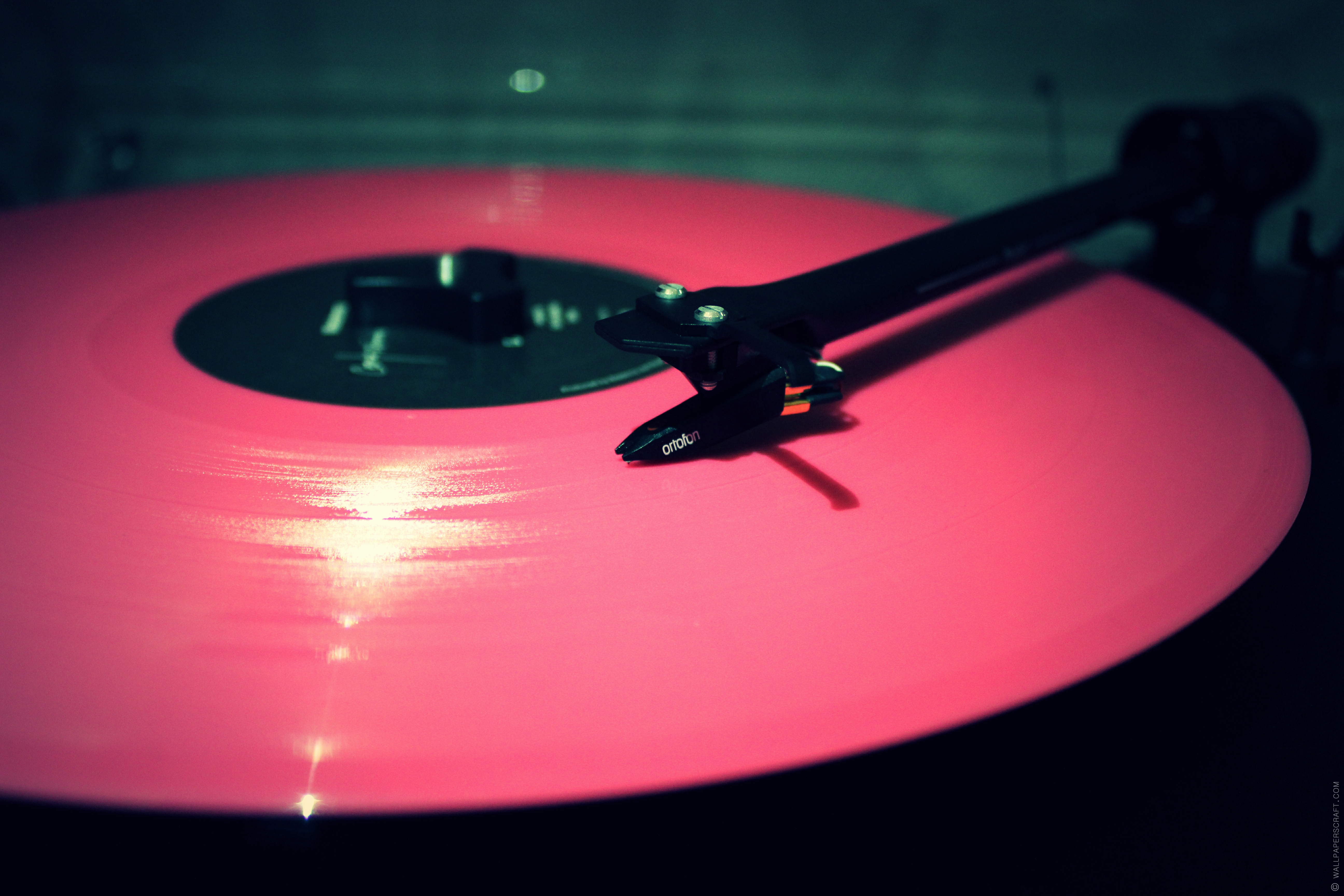 Widescreen image plate, record player, pink, needle