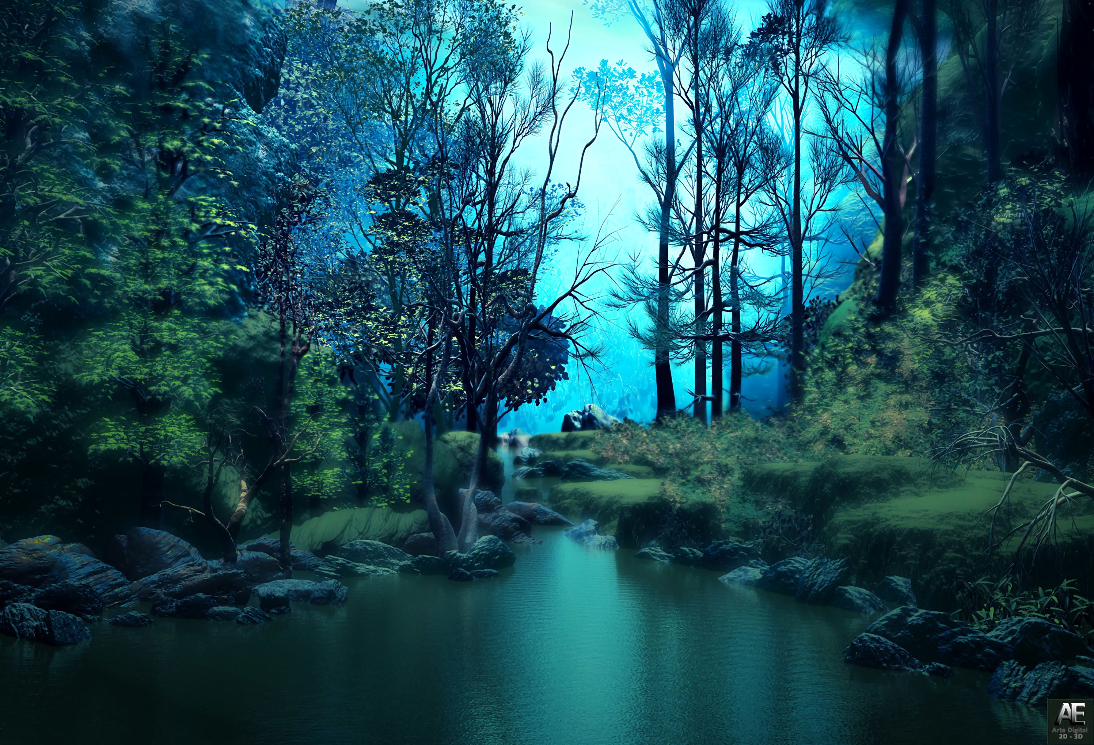 156792 download wallpaper forest, water, trees, art, pond screensavers and pictures for free