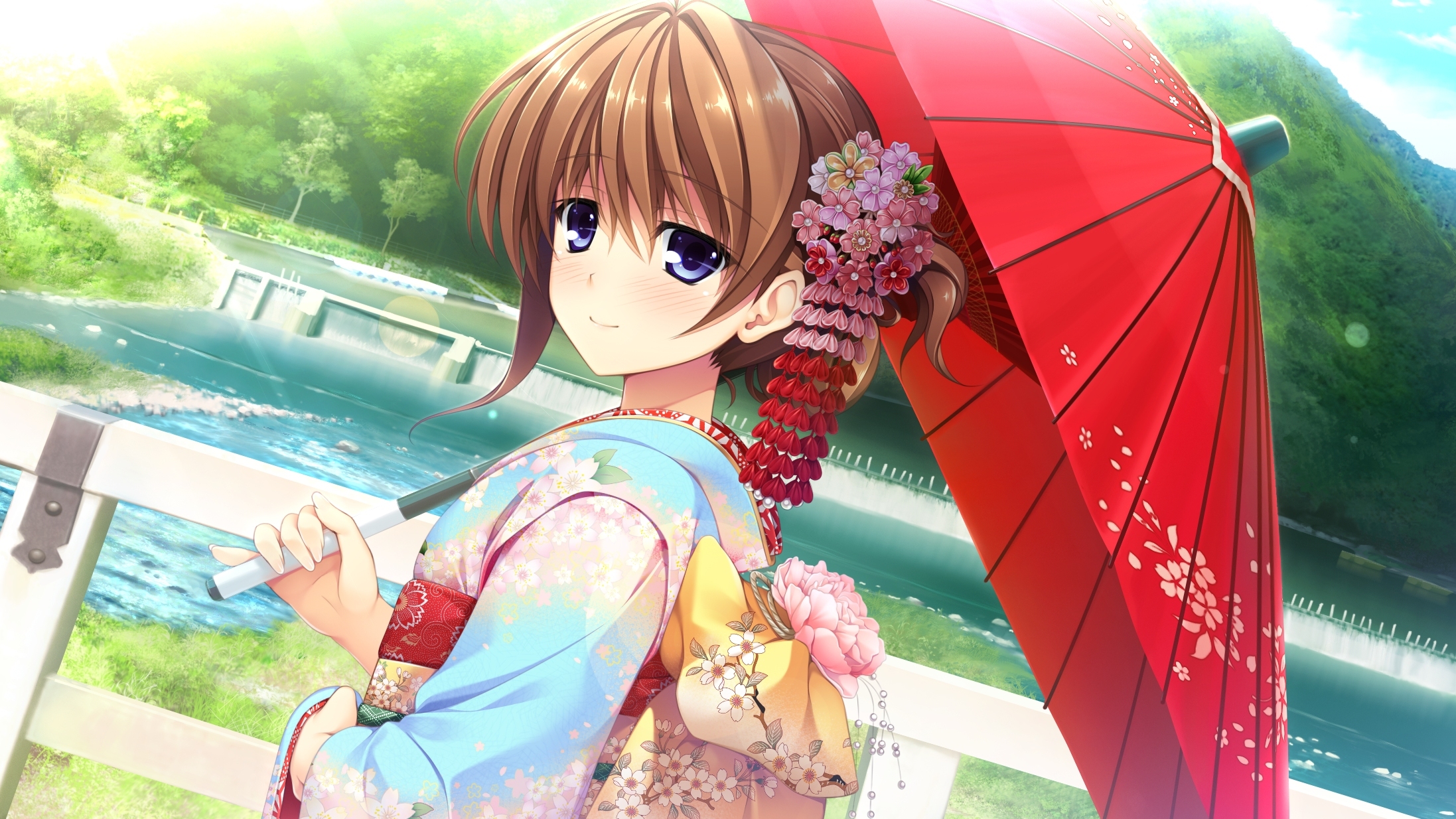 anime, girl, japan, umbrella, kimono Aesthetic wallpaper