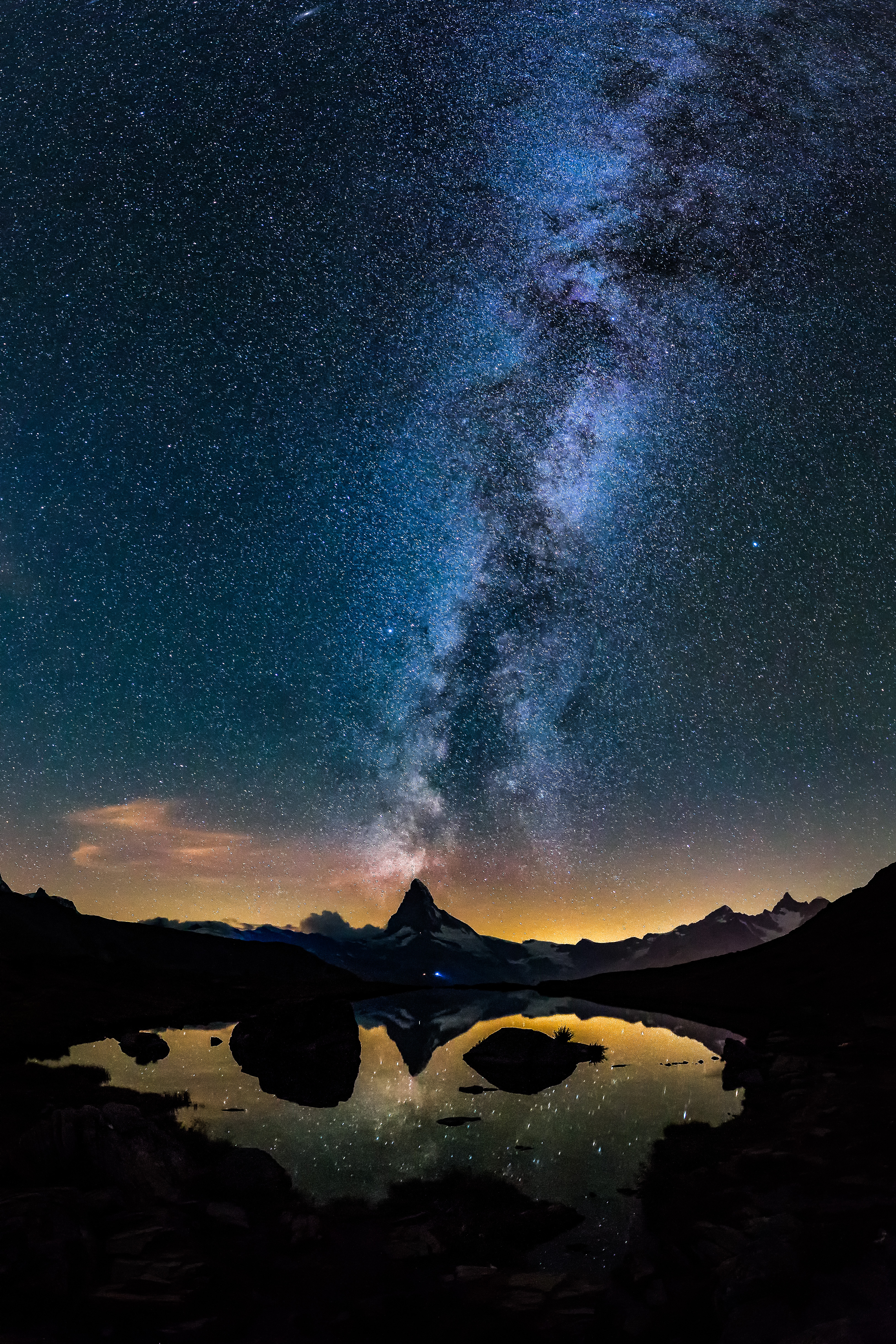 universe, nature, mountains, lake, starry sky HD wallpaper