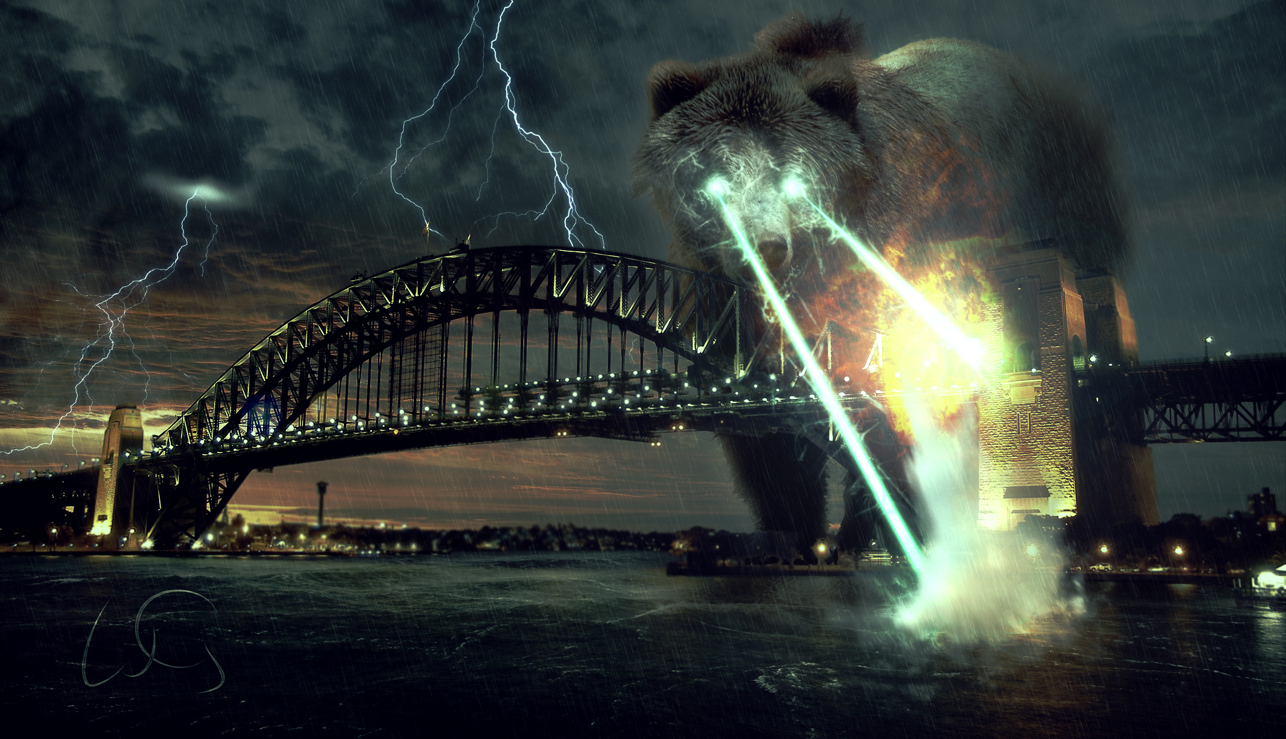 vertical wallpaper sci fi, apocalyptic, apocalypse, bear, explosion, harbor, laser, sydney harbour bridge, sydney