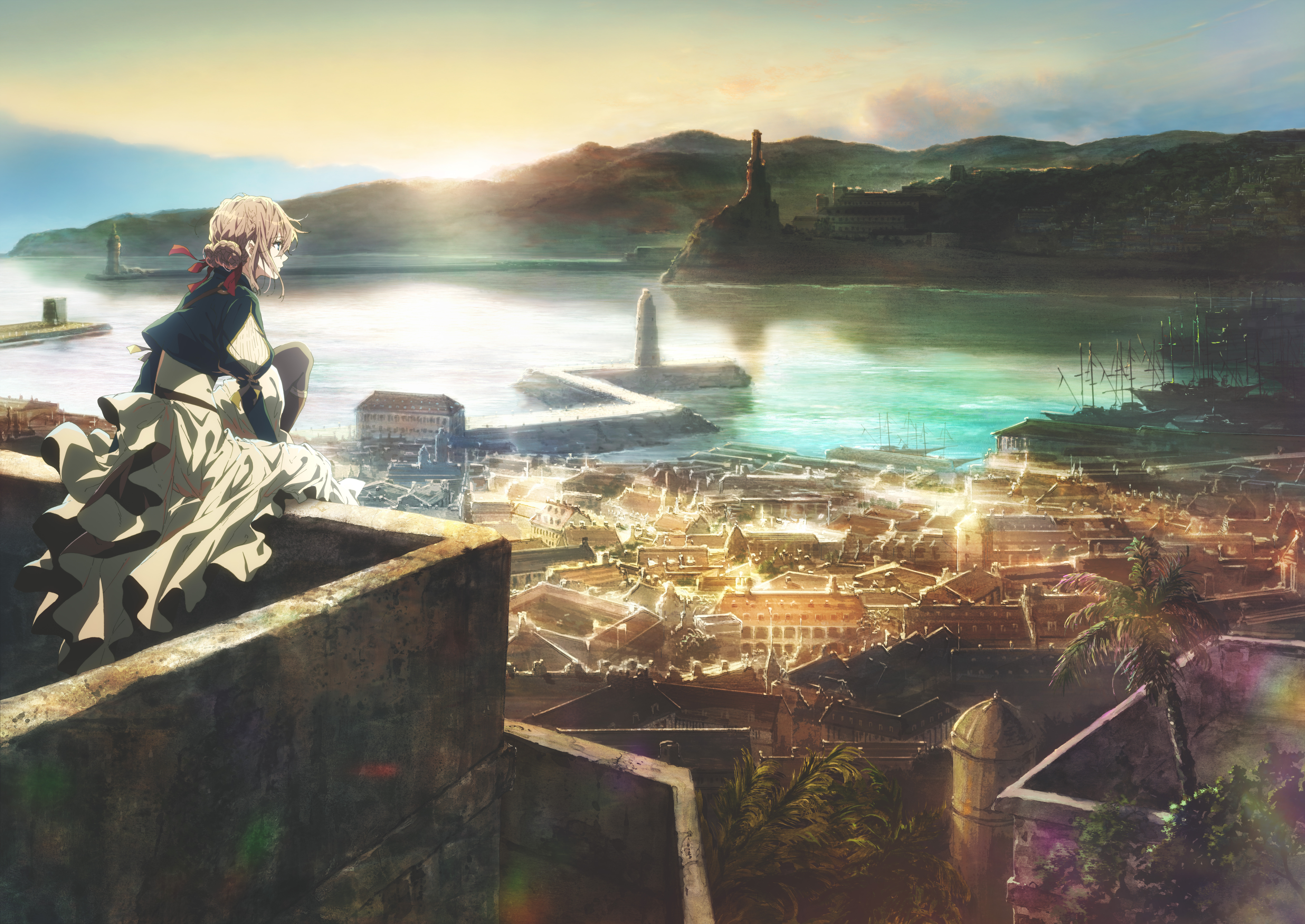 violet evergarden, lake, violet evergarden (character), anime, city, dress 8K