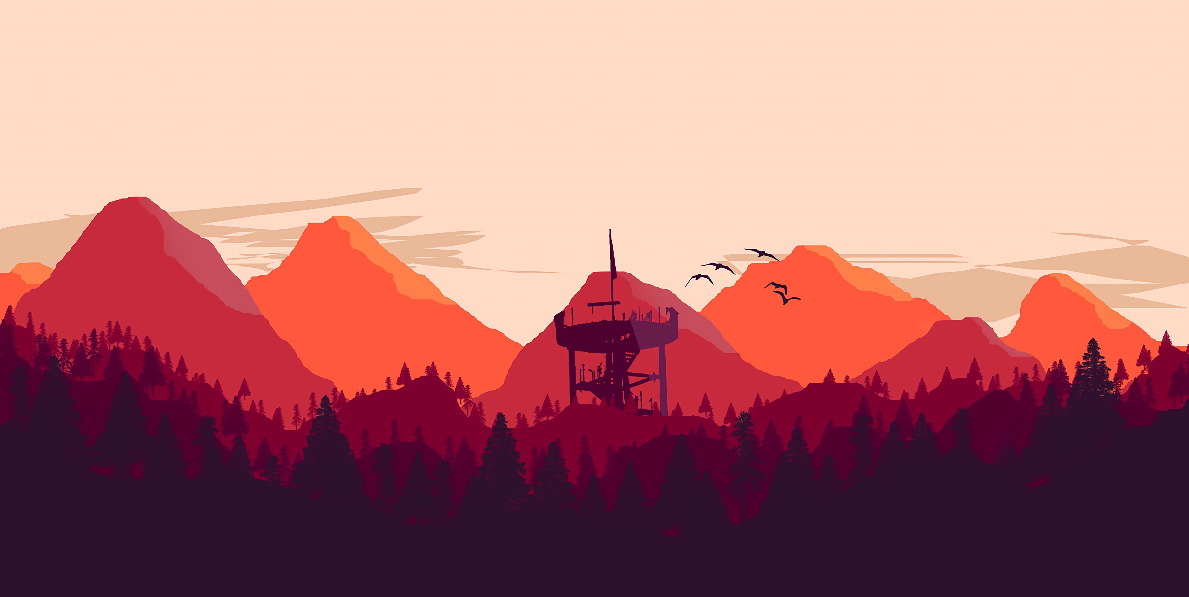 art, mountains, tower, forest HD Background