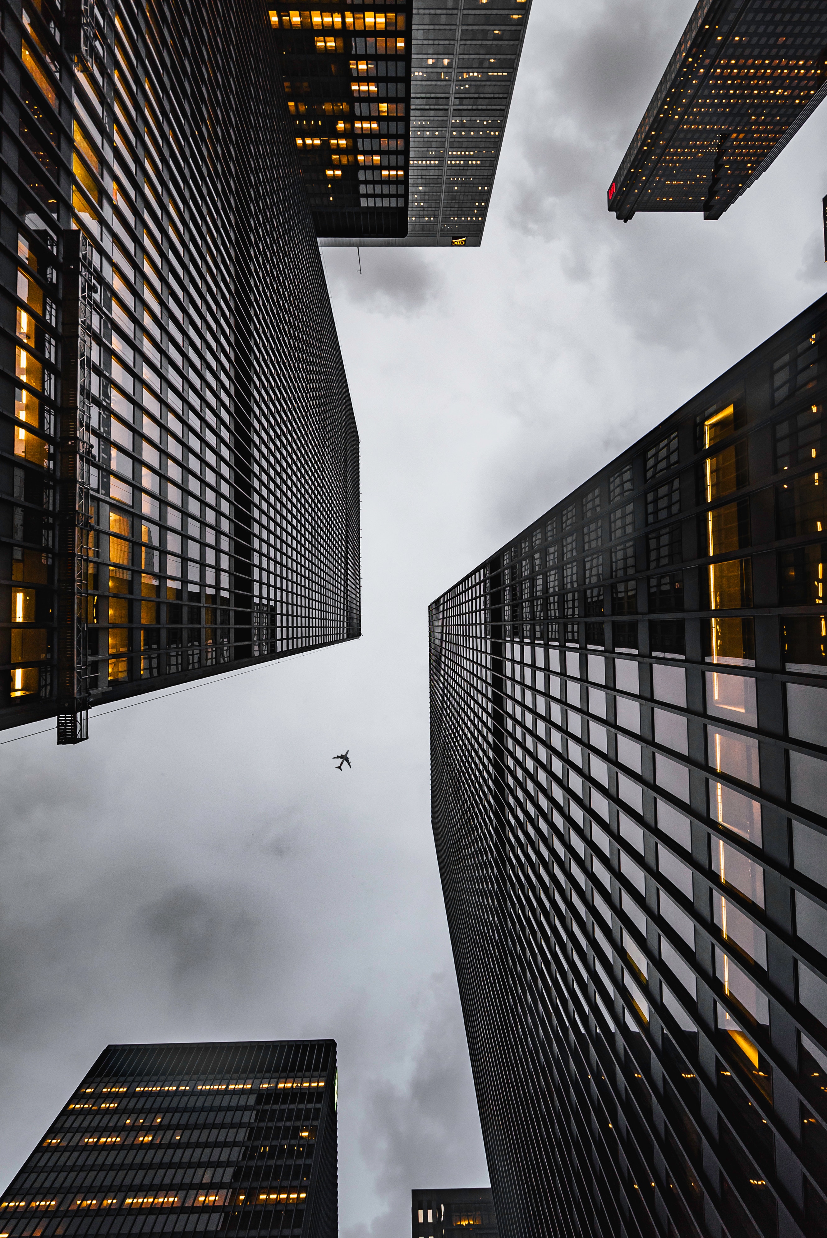Phone Wallpaper (No watermarks) airplane, bottom view, building, skyscrapers