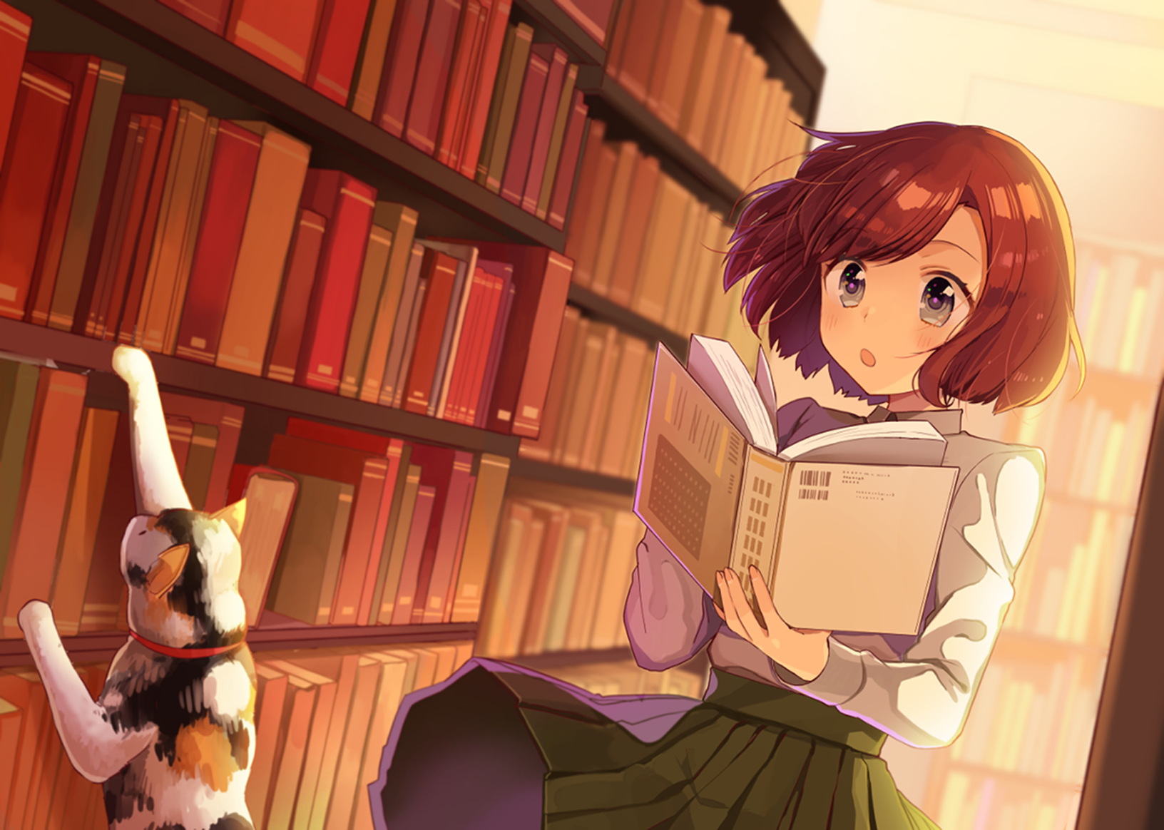 UHD wallpaper short hair, brown hair, anime, library