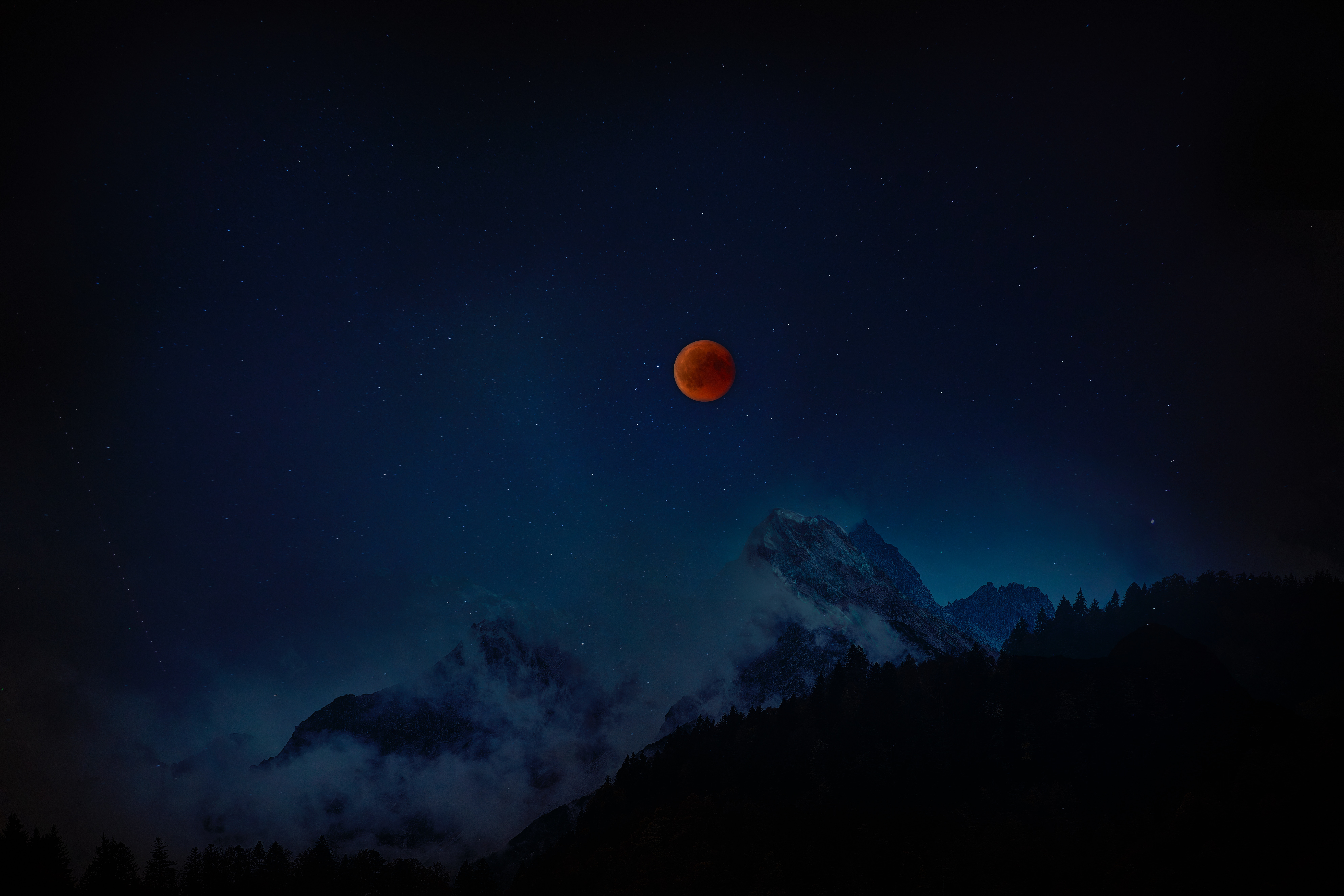 Laden Sie das Universum, Mountains, Übernachtung, Sternenhimmel, Vollmond, Roter Mond, Red Moon-Bild kostenlos auf Ihren PC-Desktop herunter