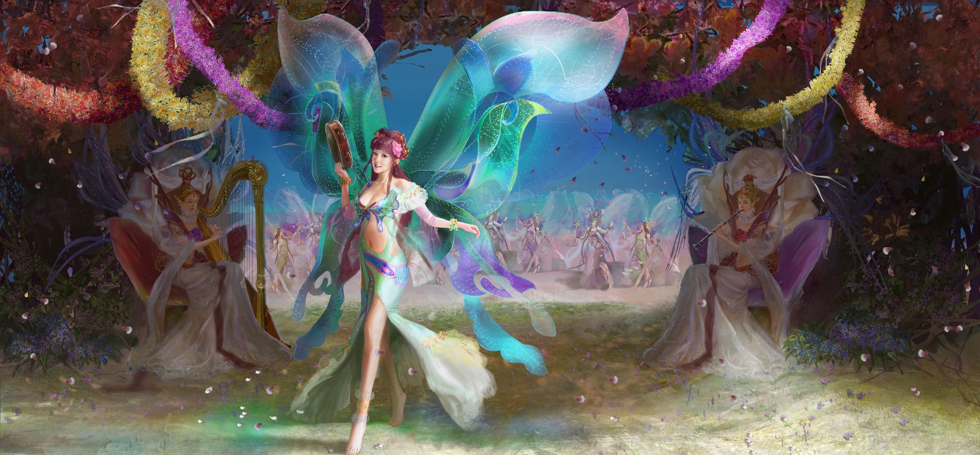 wings, flowers, fantasy, holiday, musical instruments, fairies