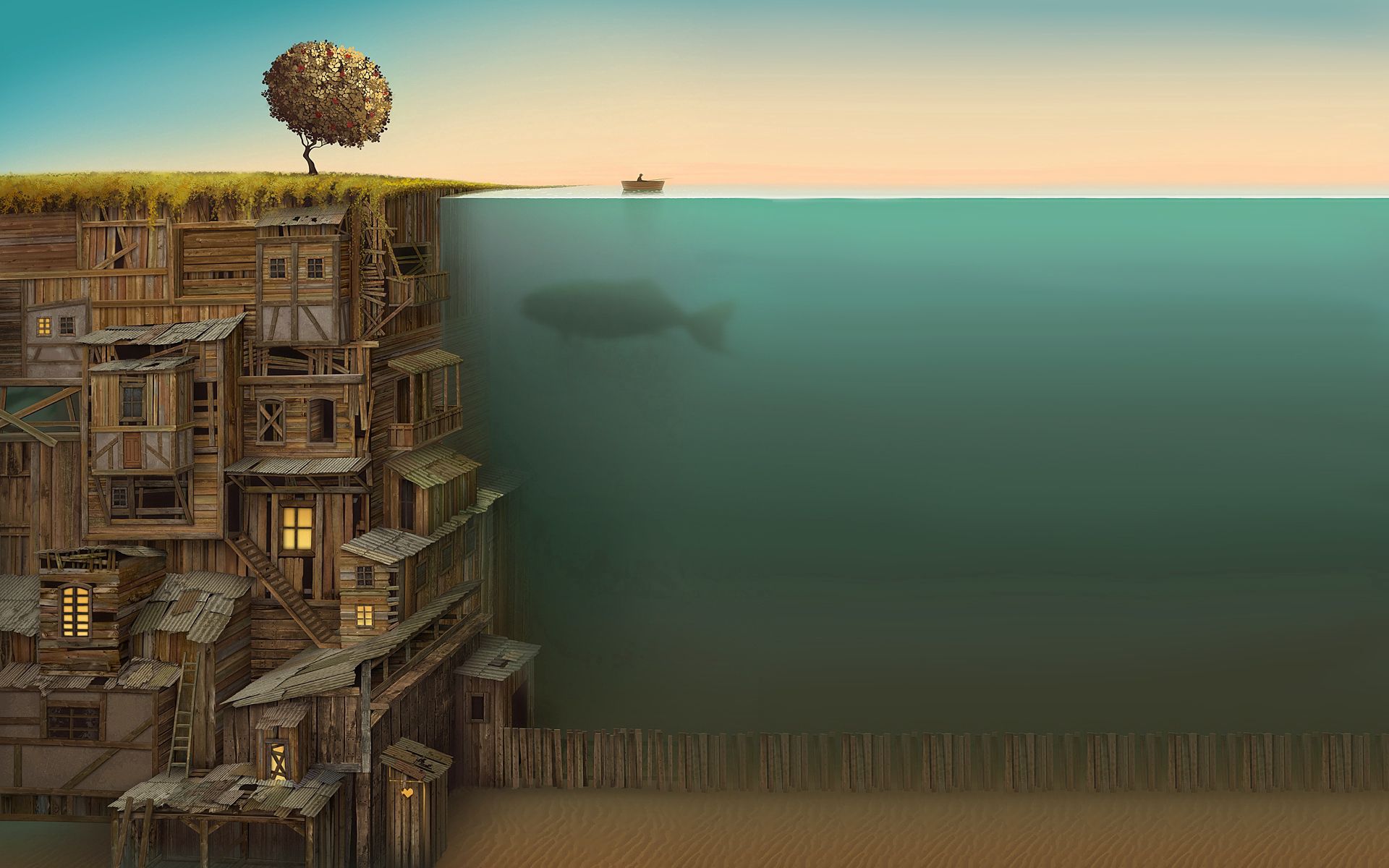140572 download wallpaper art, wood, tree, house, multi-storey, multistory, whale, under water, underwater, improvisation, bottom screensavers and pictures for free