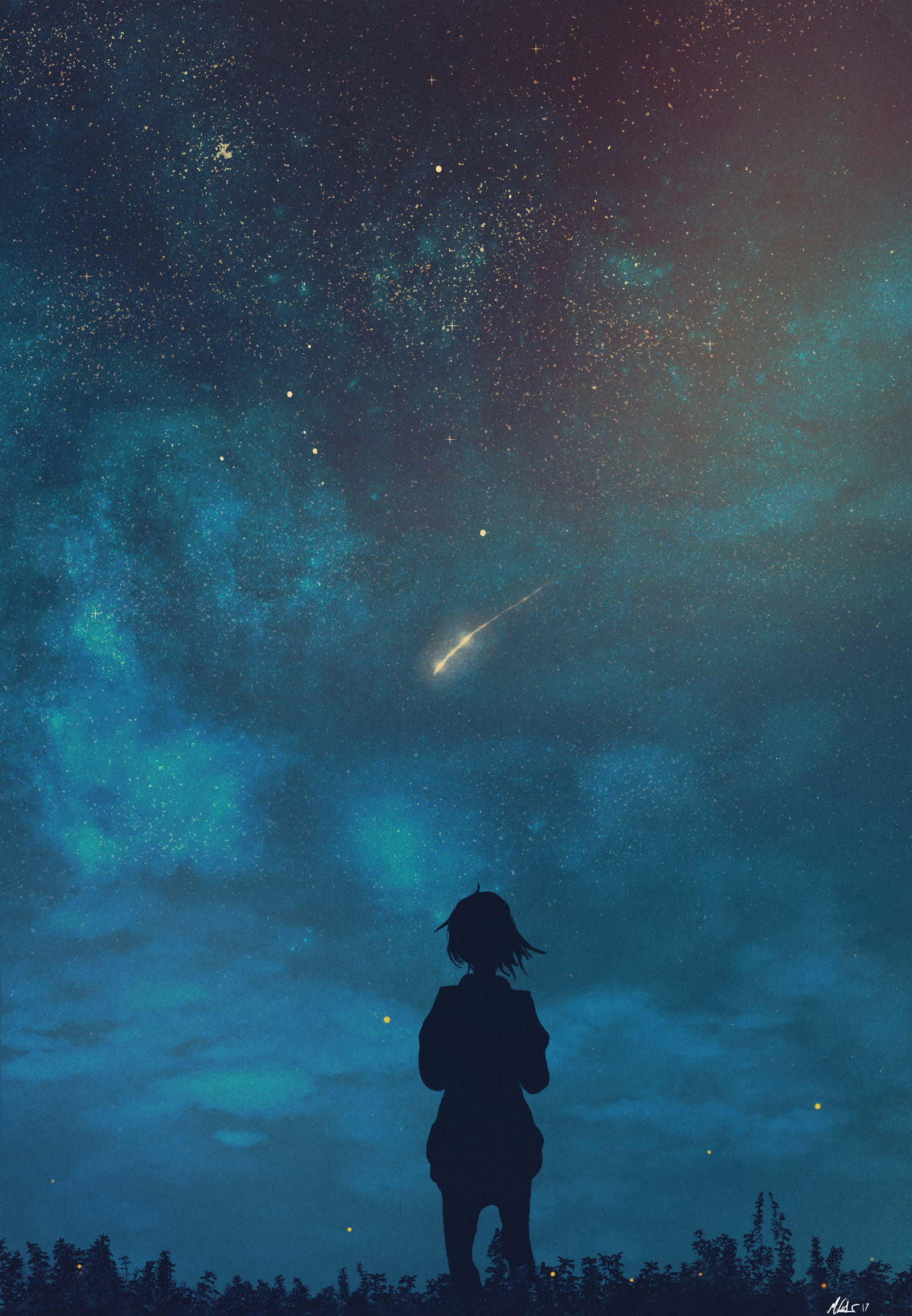 android loneliness, night, dark, silhouette, starry sky, child