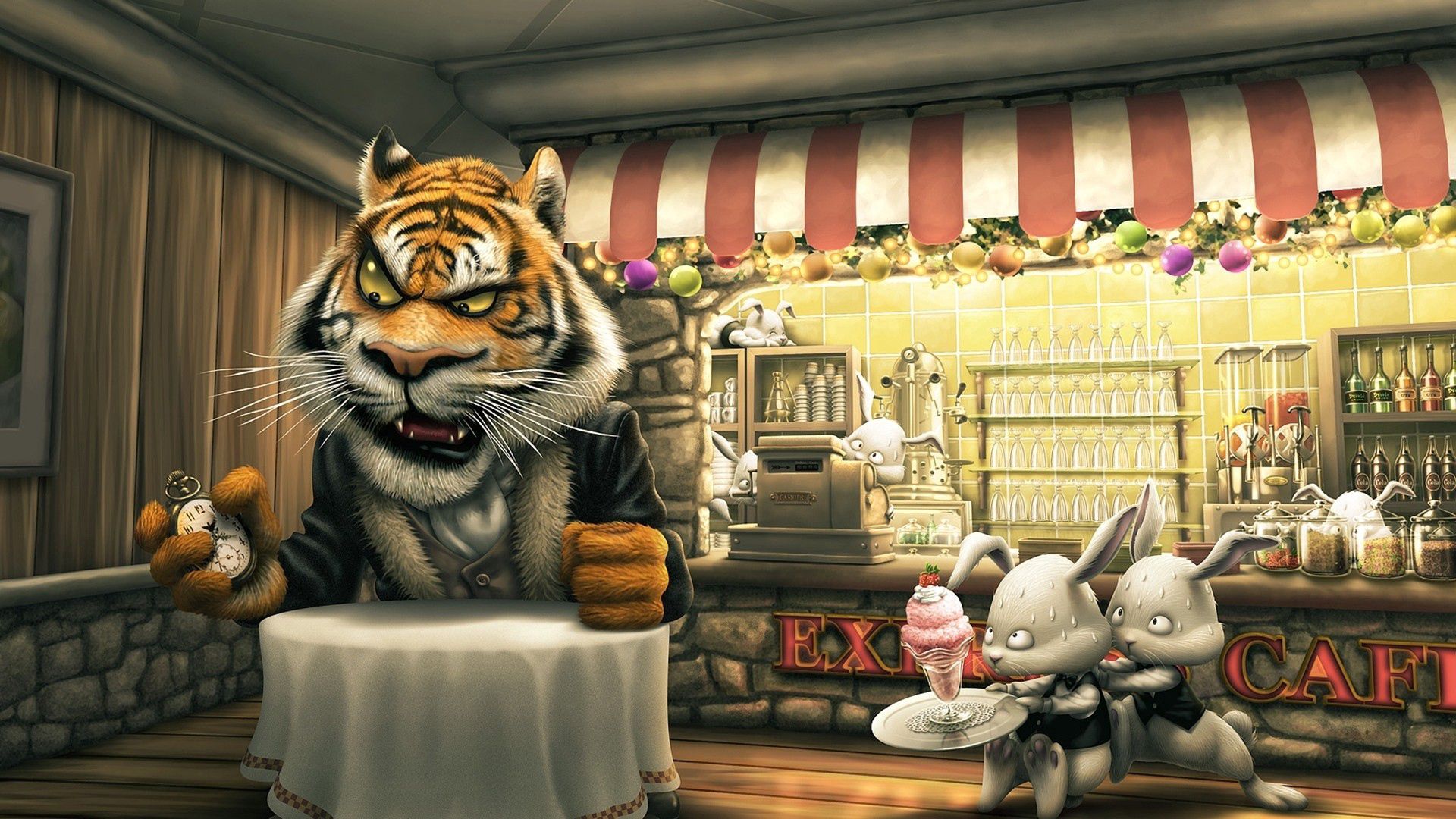 Phone Background hares, angry tiger cartoon, café, food