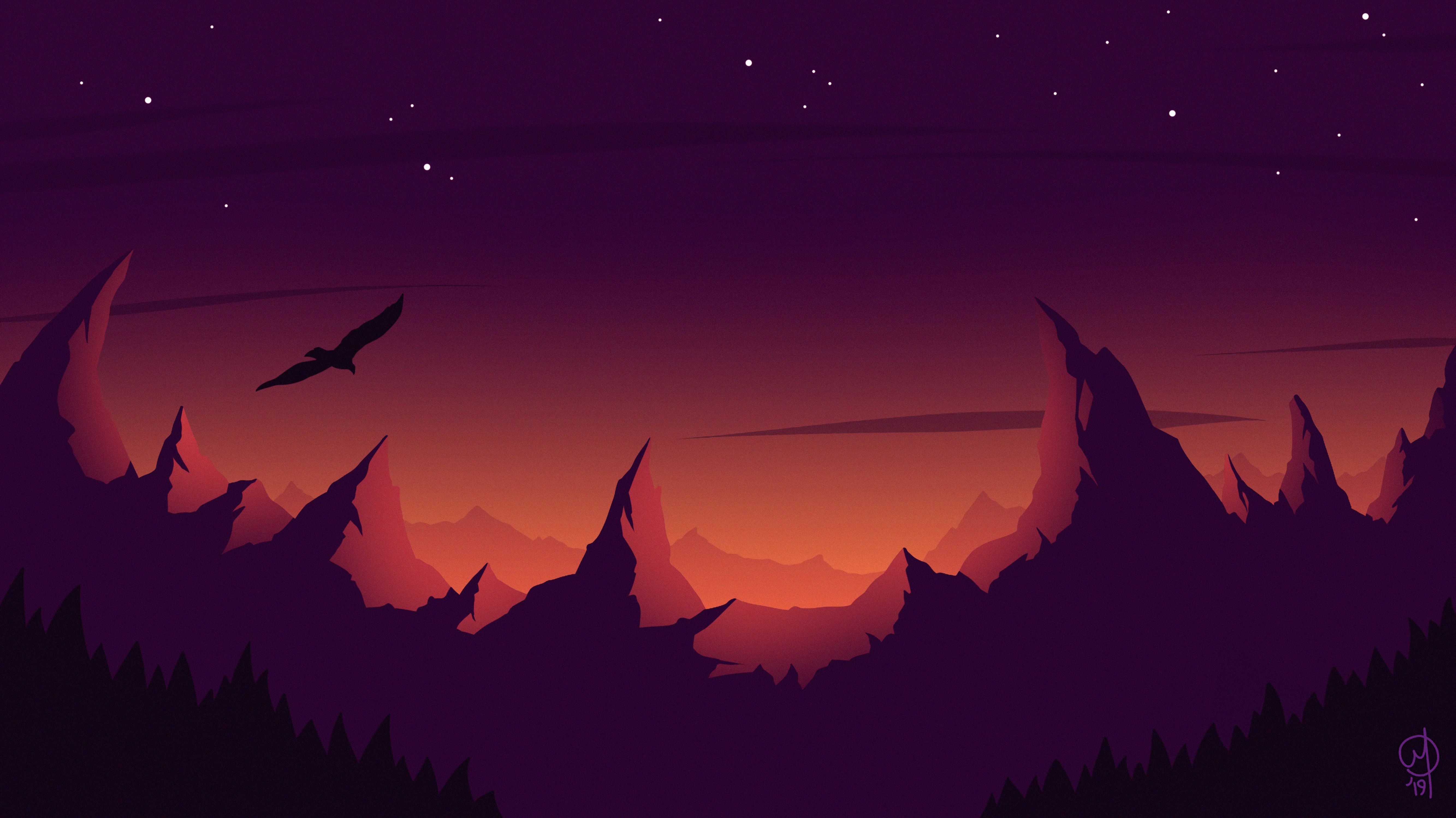 vector, art, sky, mountains, silhouette, bird for android