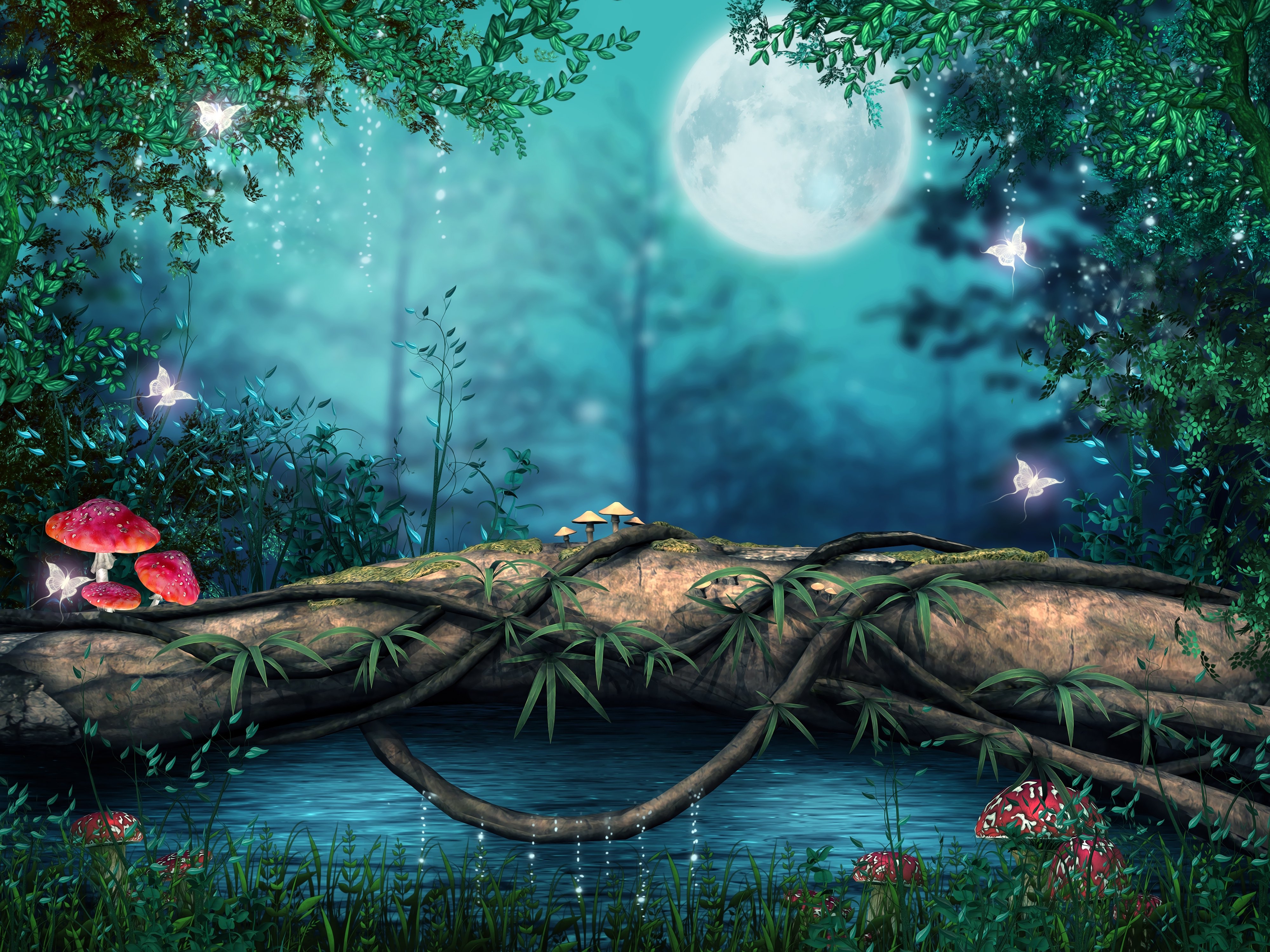 fantasy, forest, butterfly, log, moon, mushroom, mystic wallpapers for tablet