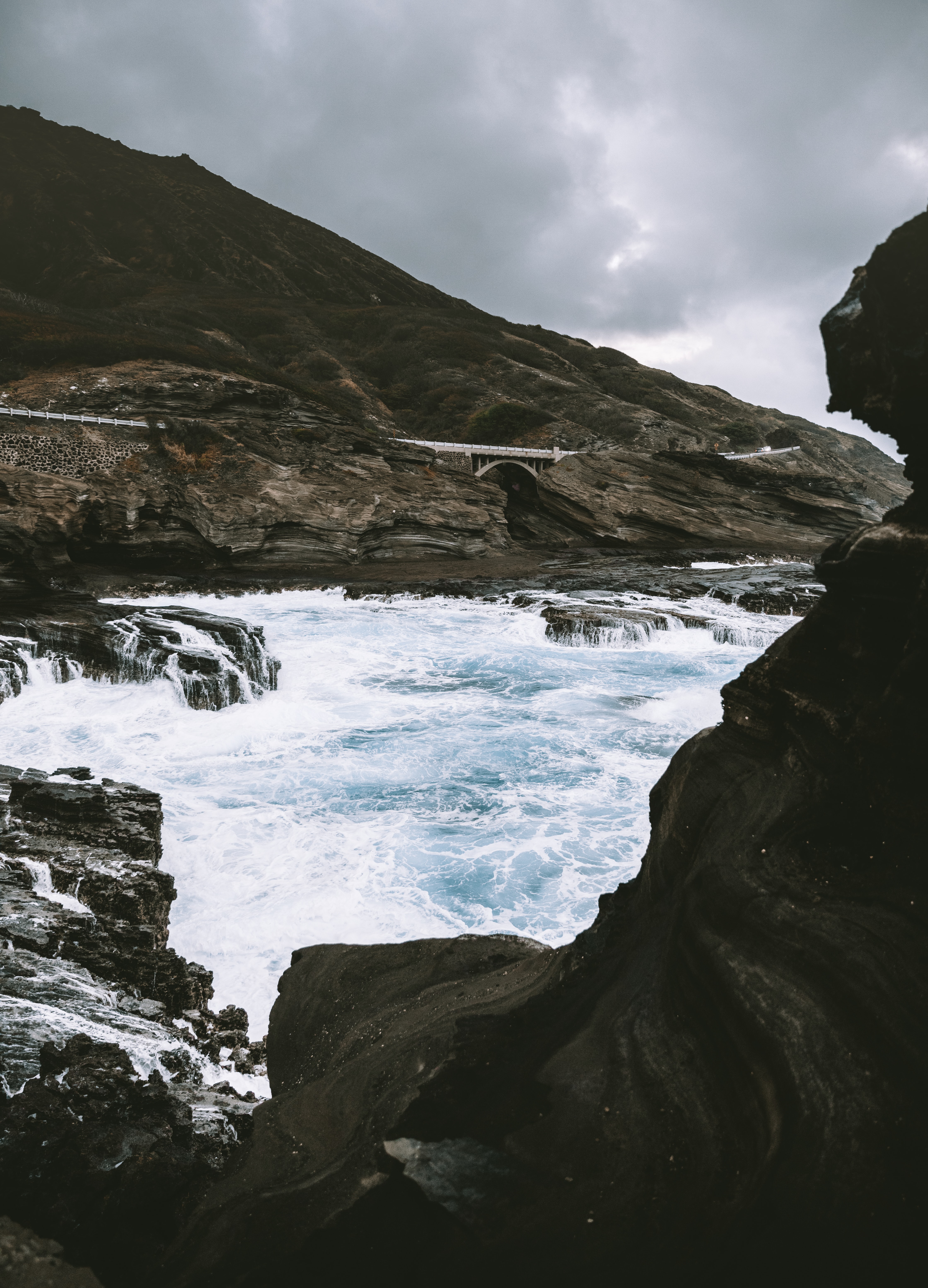 rocks, sea, bridge, waves HD Wallpaper for Phone