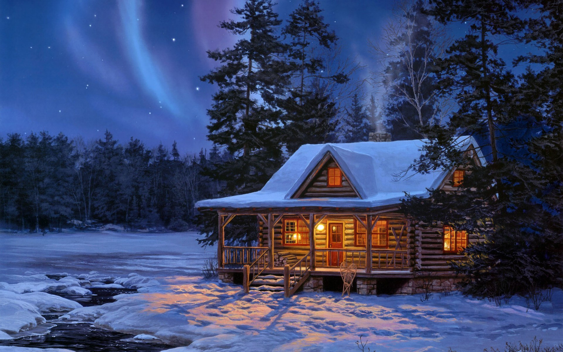 576387 скачать обои домик, зима, снег, сумерки, художественные, звезды, дерево - заставки и картинки бесплатно