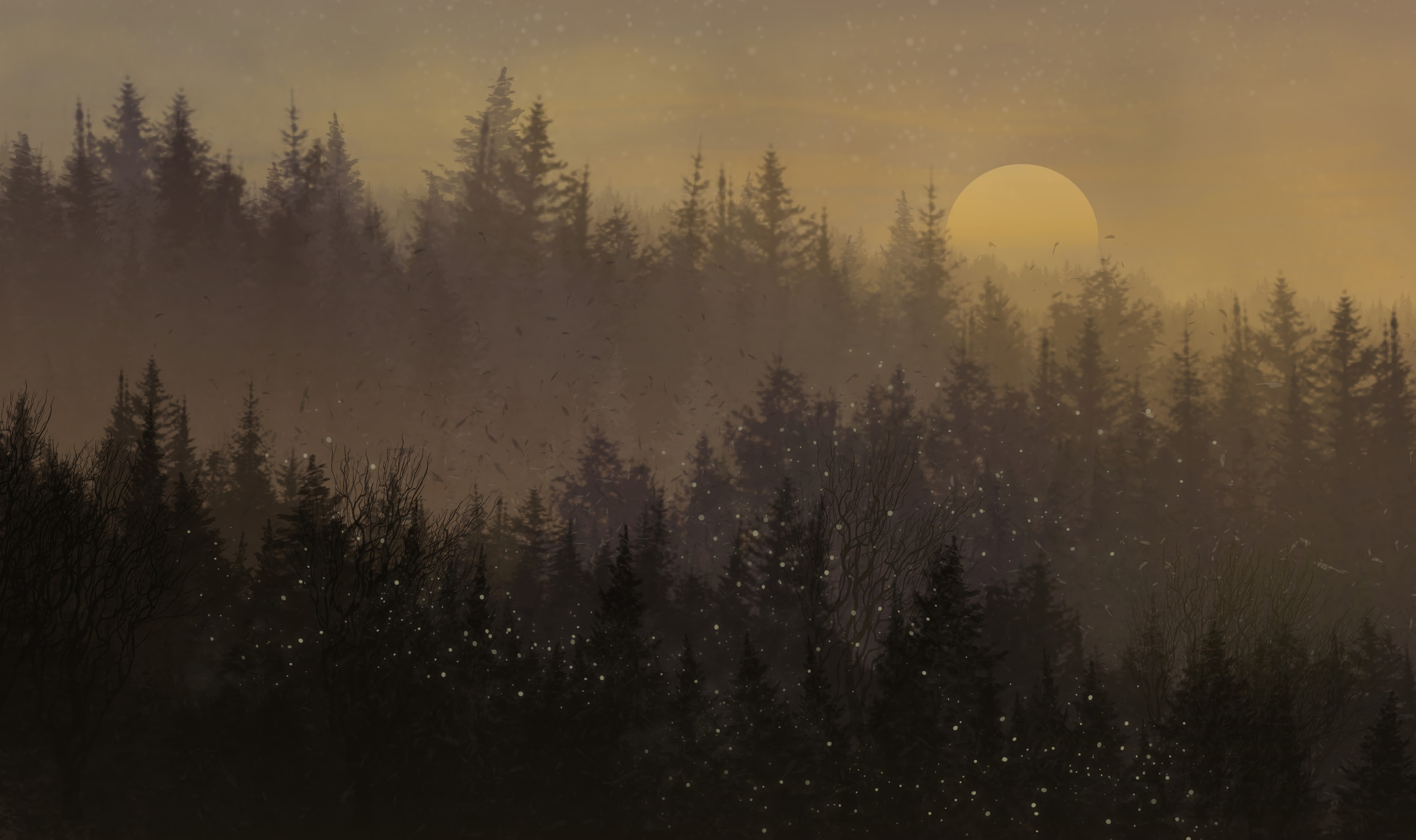 snow, trees, art, moon, forest