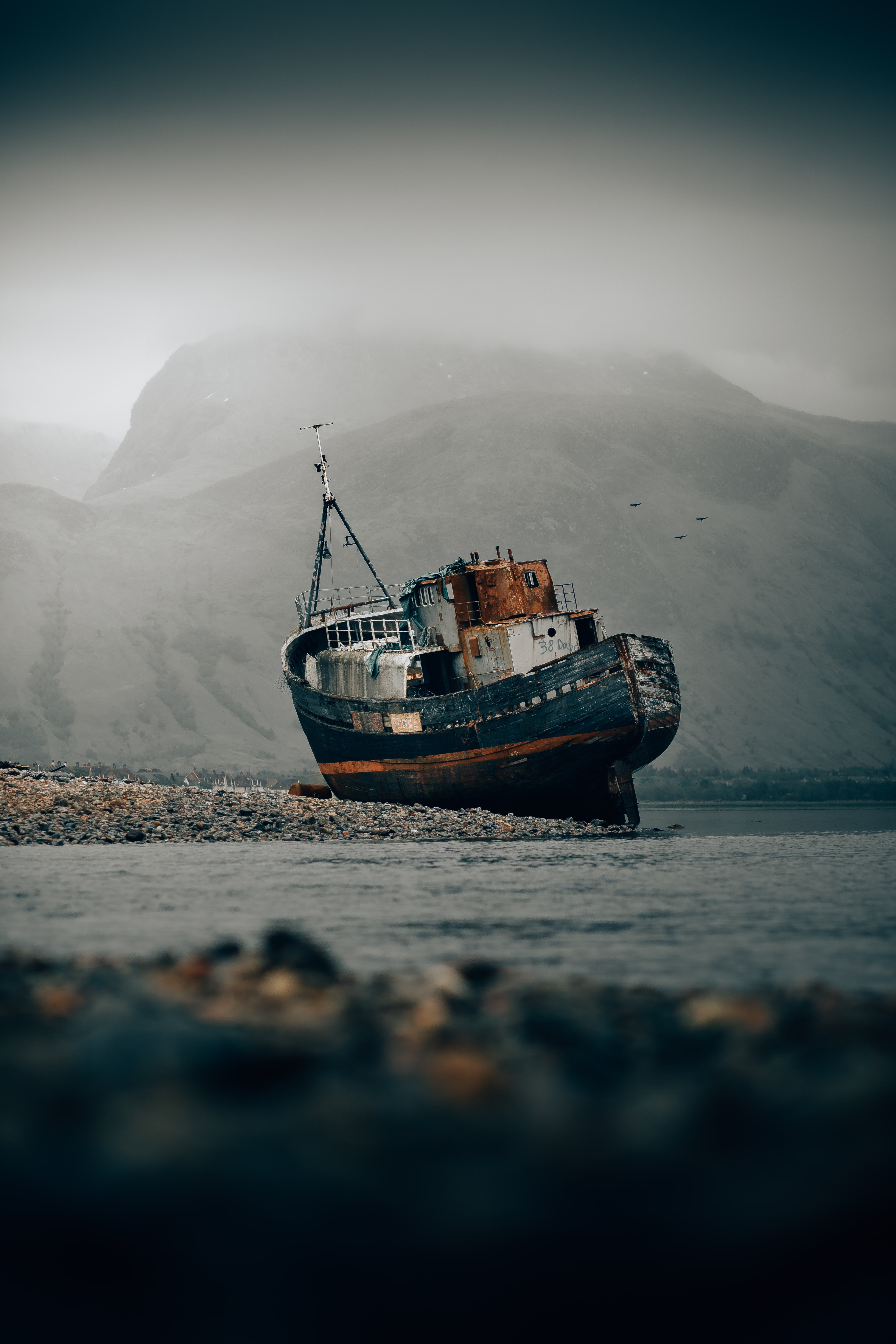 miscellaneous, miscellanea, abandoned, ship, bank, shore, fog, stranded, shallow cell phone wallpapers
