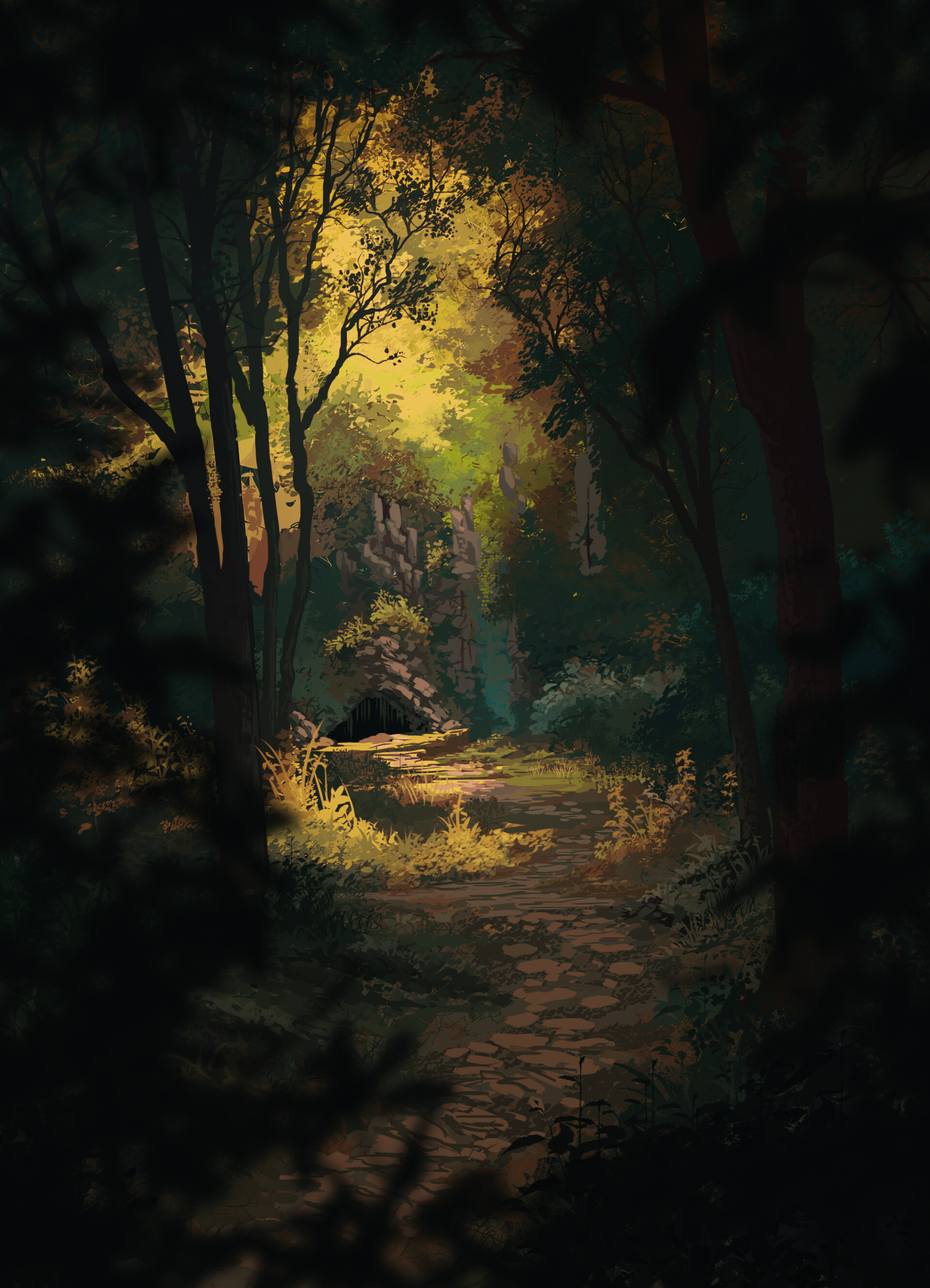 HD wallpaper art, forest, path, cave