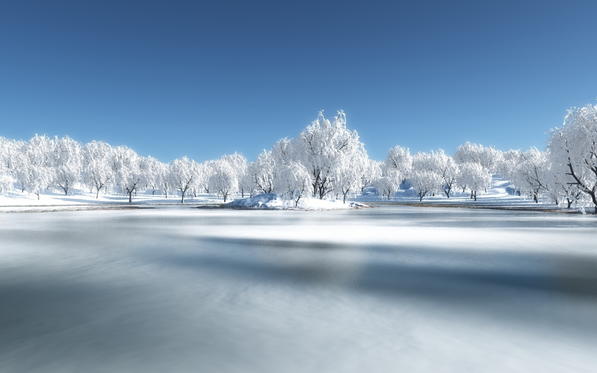 trees, landscape, nature, snow, blue 4K