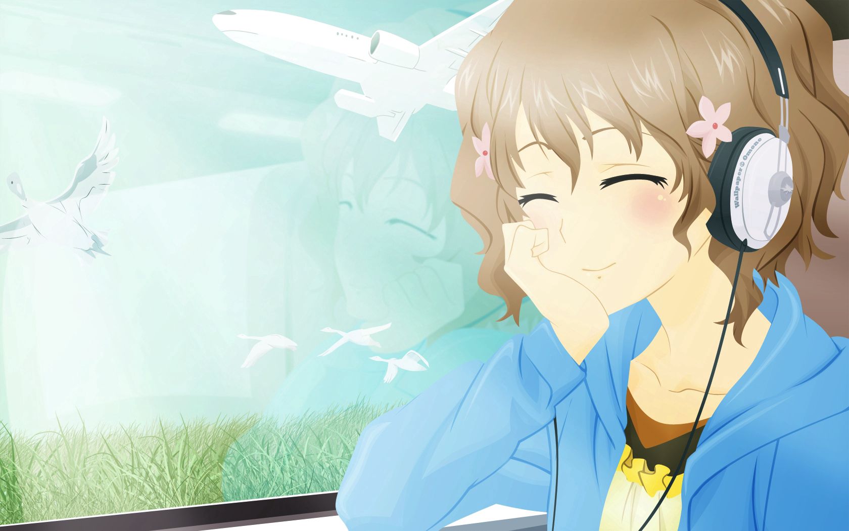 smile, anime, bird, girl, plane, airplane, pretty