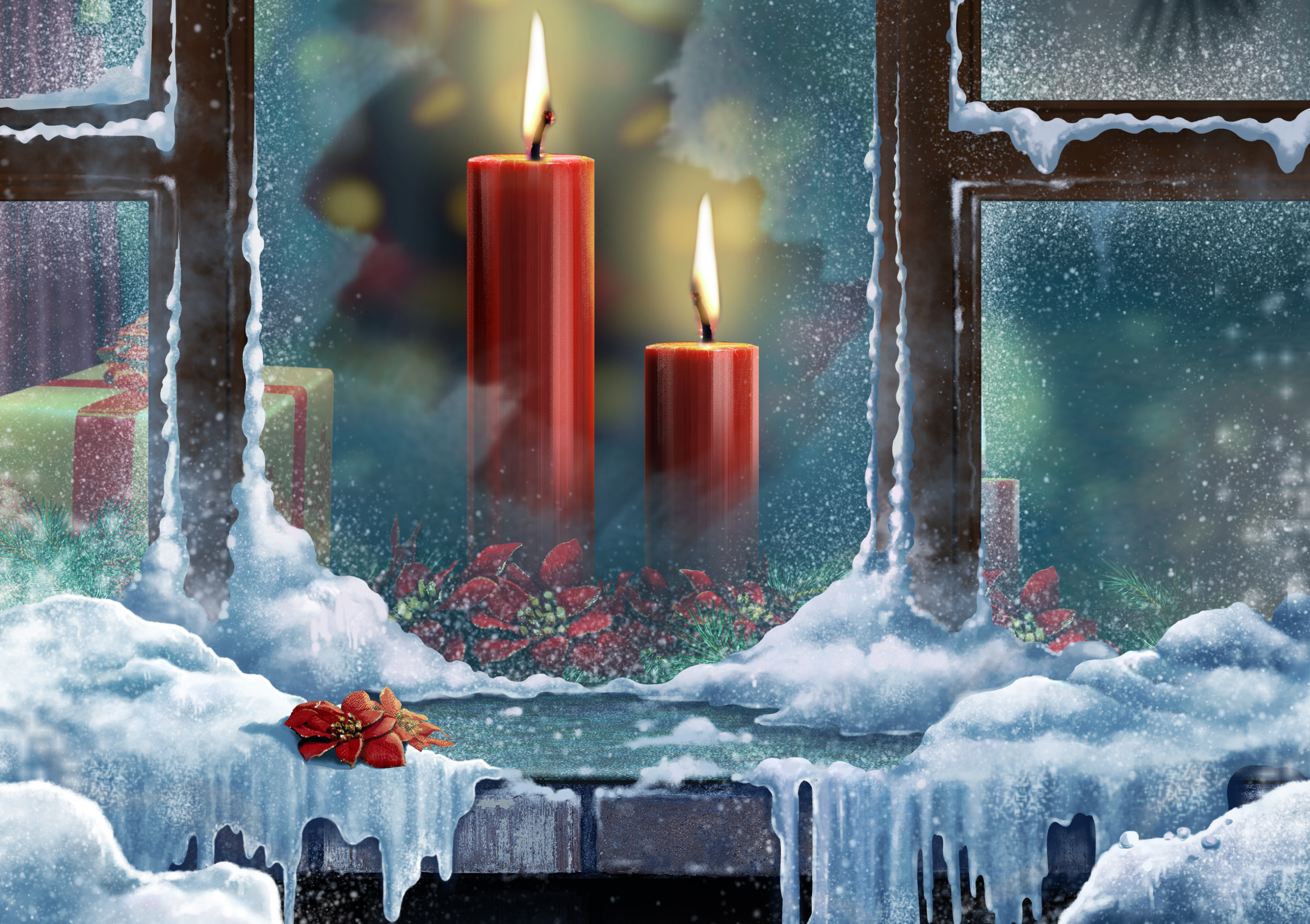 candle, christmas, gift, holiday, snow, window Smartphone Background