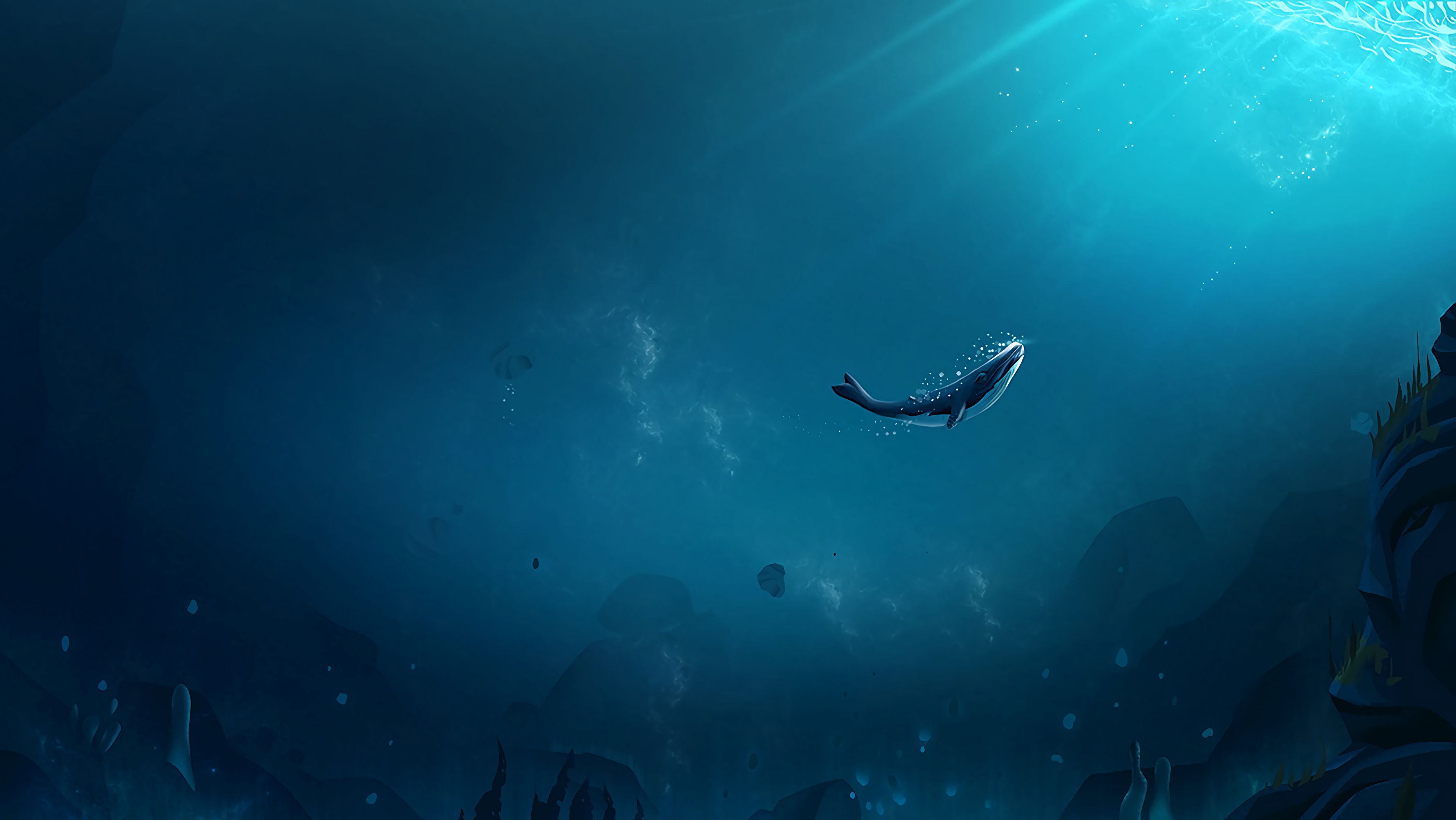 64598 скачать обои подводный мир, арт, океан, кит, дно, пузырьки воздуха, лучи света - заставки и картинки бесплатно